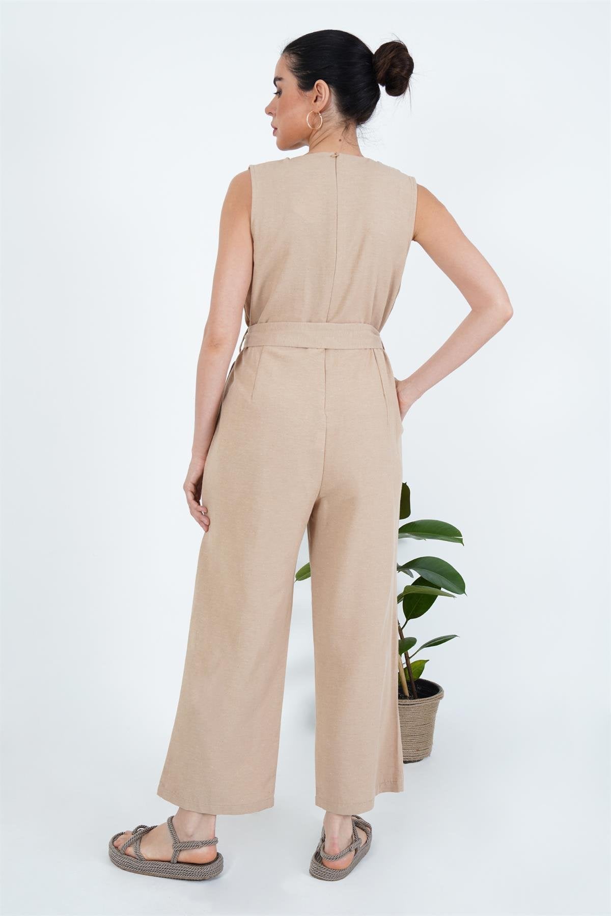 Arkası Fermuarlı Beli Kuşaklı Toptan Vizon Tulum