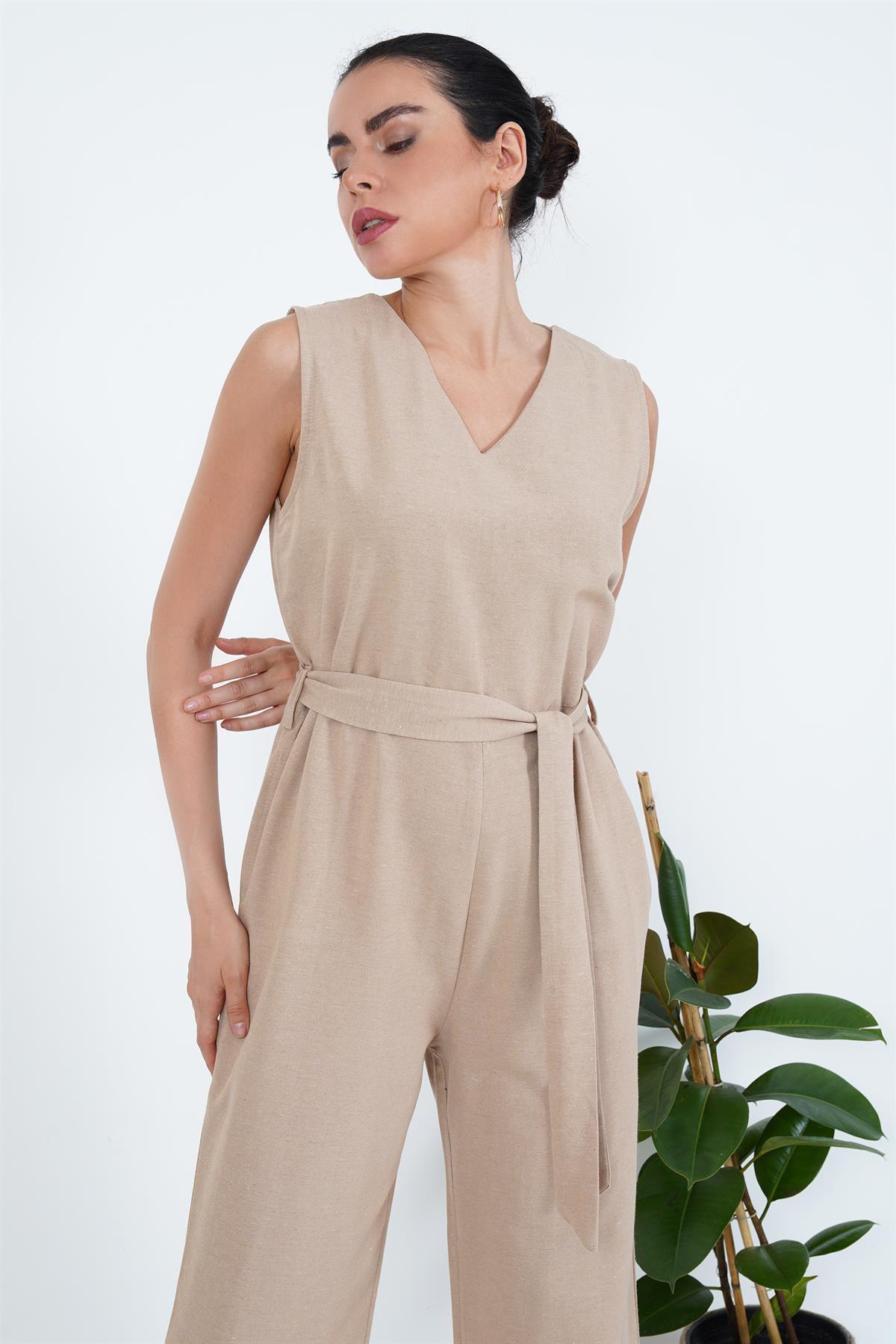 Arkası Fermuarlı Beli Kuşaklı Toptan Vizon Tulum