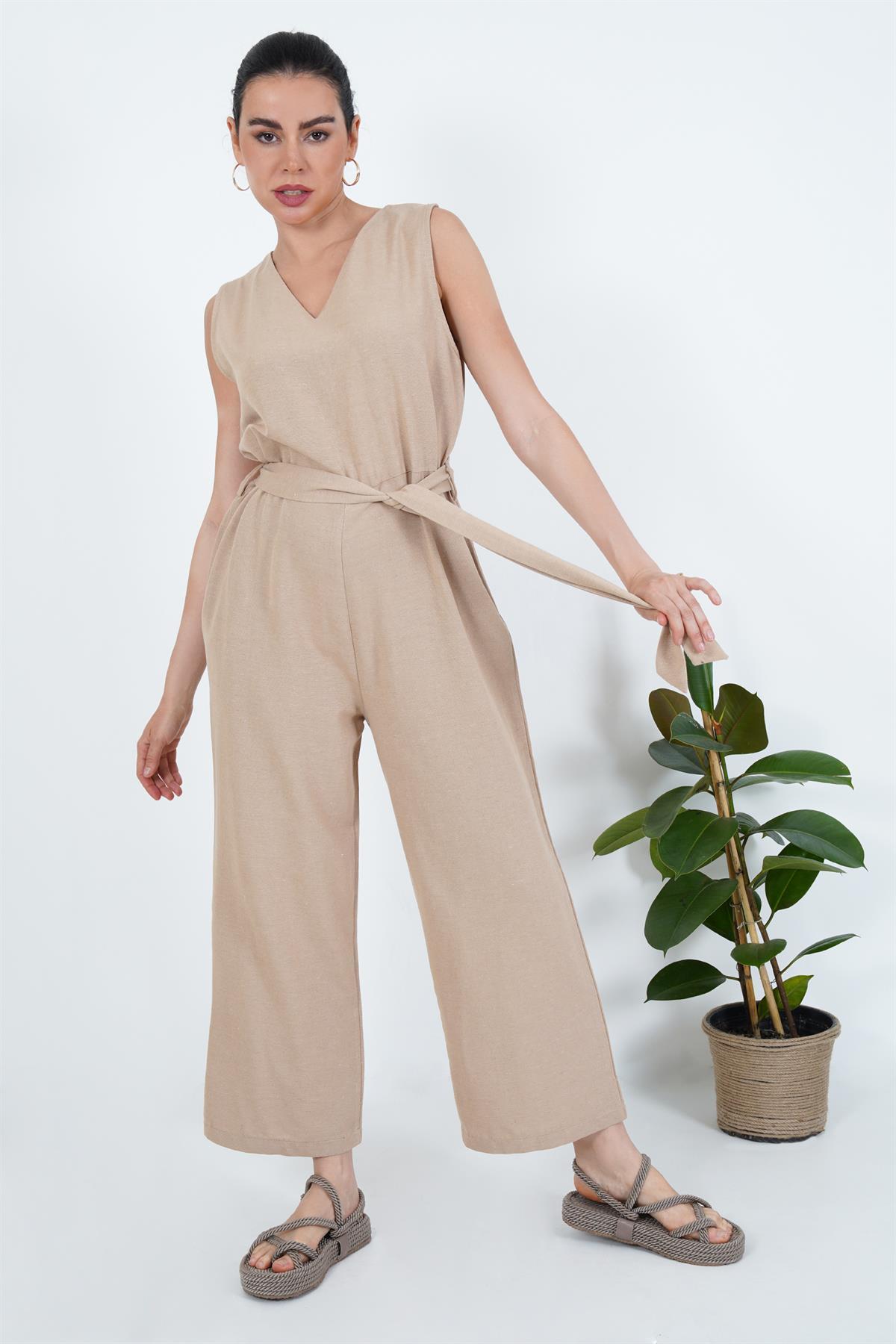 Arkası Fermuarlı Beli Kuşaklı Toptan Vizon Tulum