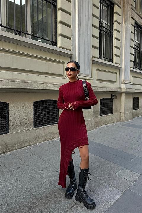 Asimetrik Detaylı Fitilli Triko Elbise 2824 BORDO 19-9749 STD
