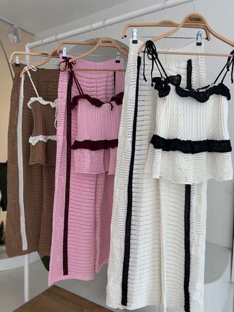 Askılı Bluz Pantolon Triko Takım 10114 PEMBE STD
