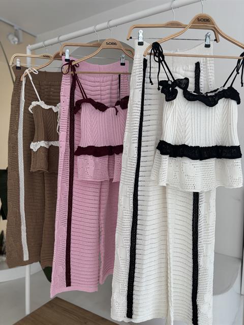 Askılı Bluz Pantolon Triko Takım 10114 PEMBE STD
