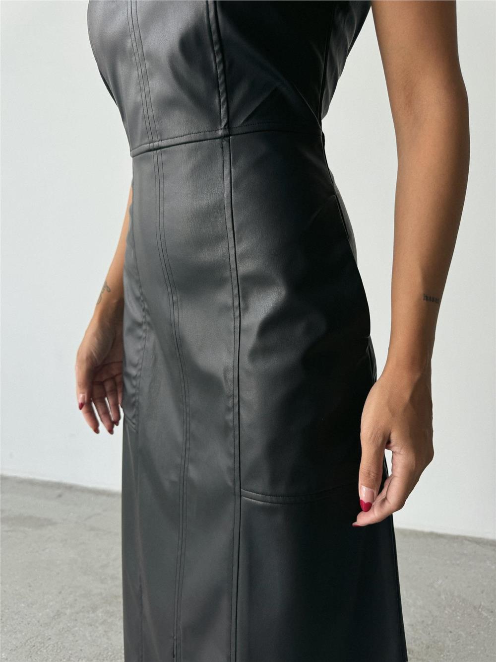 ASKILI DERİ ELBİSE ŞANEL BOY - Siyah