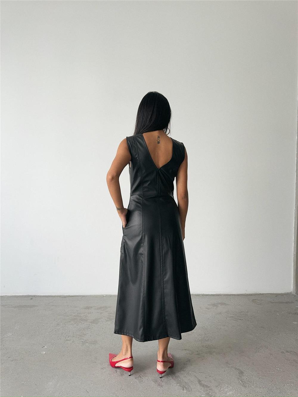 ASKILI DERİ ELBİSE ŞANEL BOY - Siyah