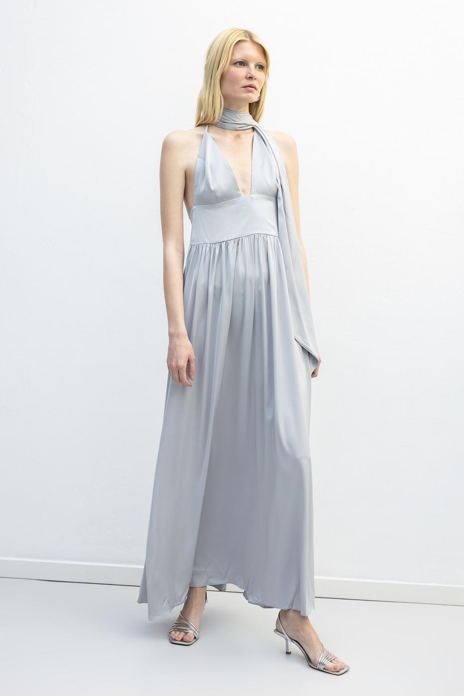 Strappy Scarf Detailed Maxi Satin Dress