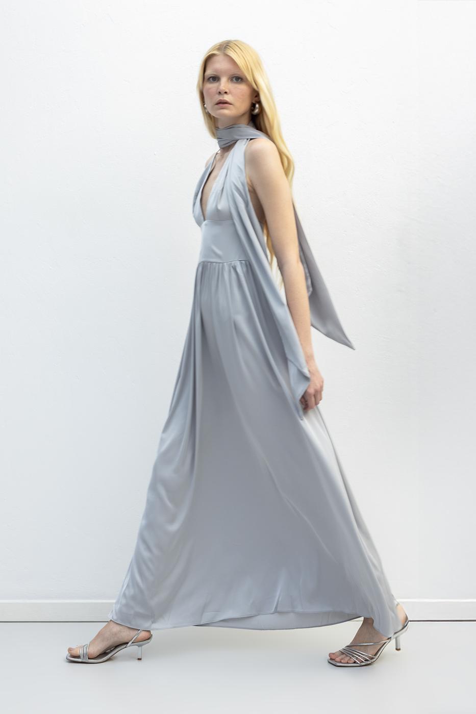 Strappy Scarf Detailed Maxi Satin Dress