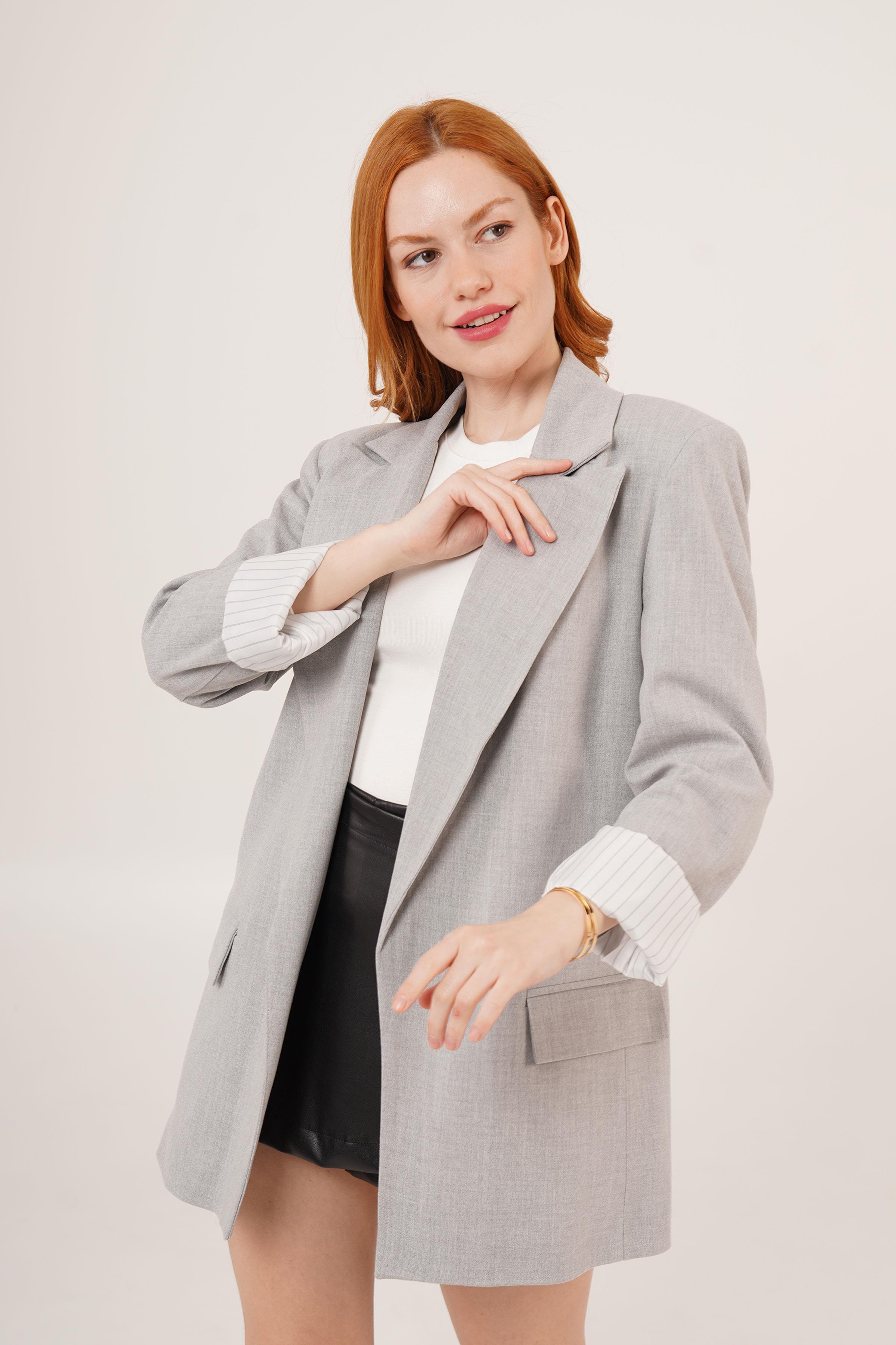 Astarı Çizgili Detay Toptan Gri Blazer Ceket