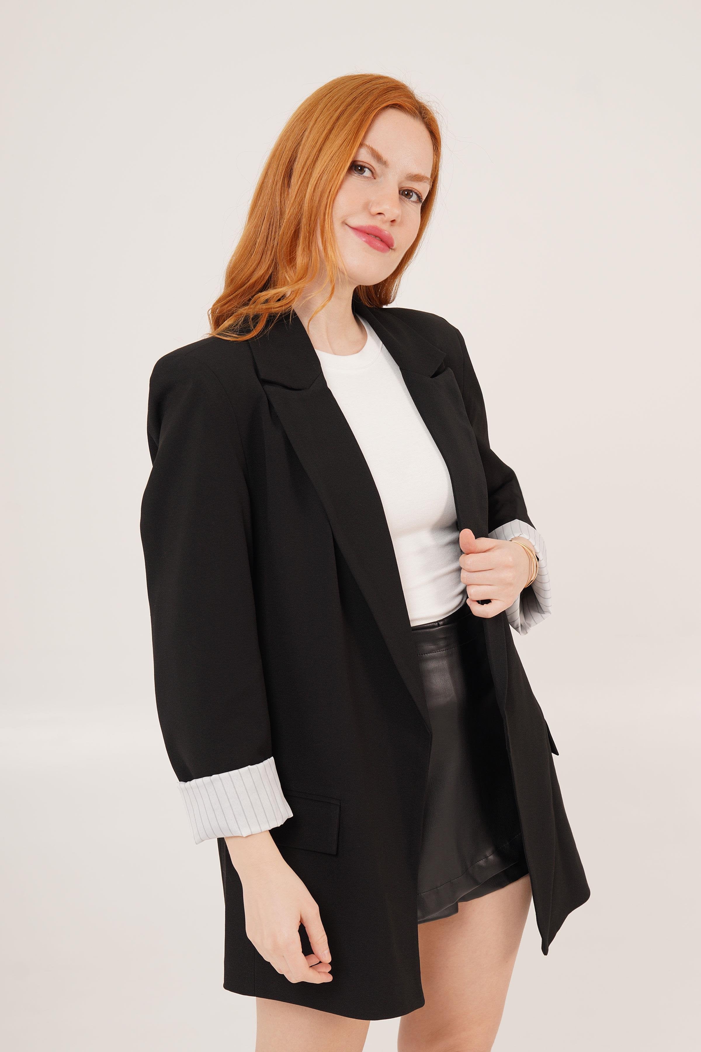 Astarı Çizgili Detay Toptan Siyah Blazer Ceket Siyah S