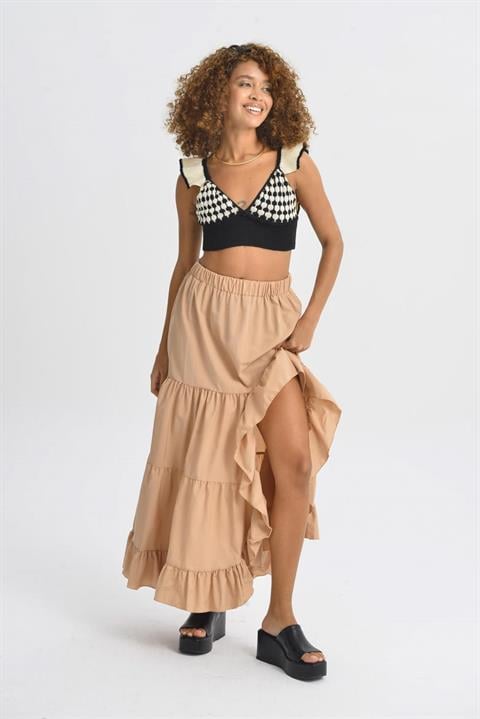 Audrey Fıfrlı Yırtmaç Detay Etek 4037 CAMEL L