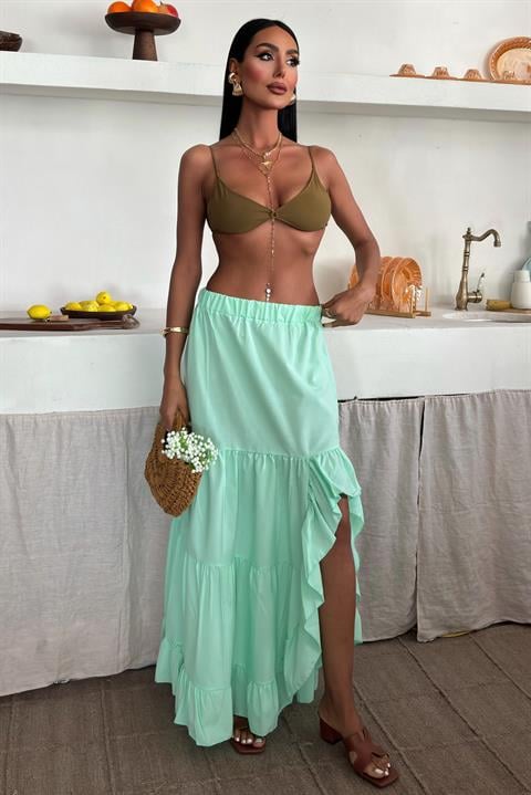 Audrey Fıfrlı Yırtmaç Detay Etek 4037 MİNT YEŞİLİ L