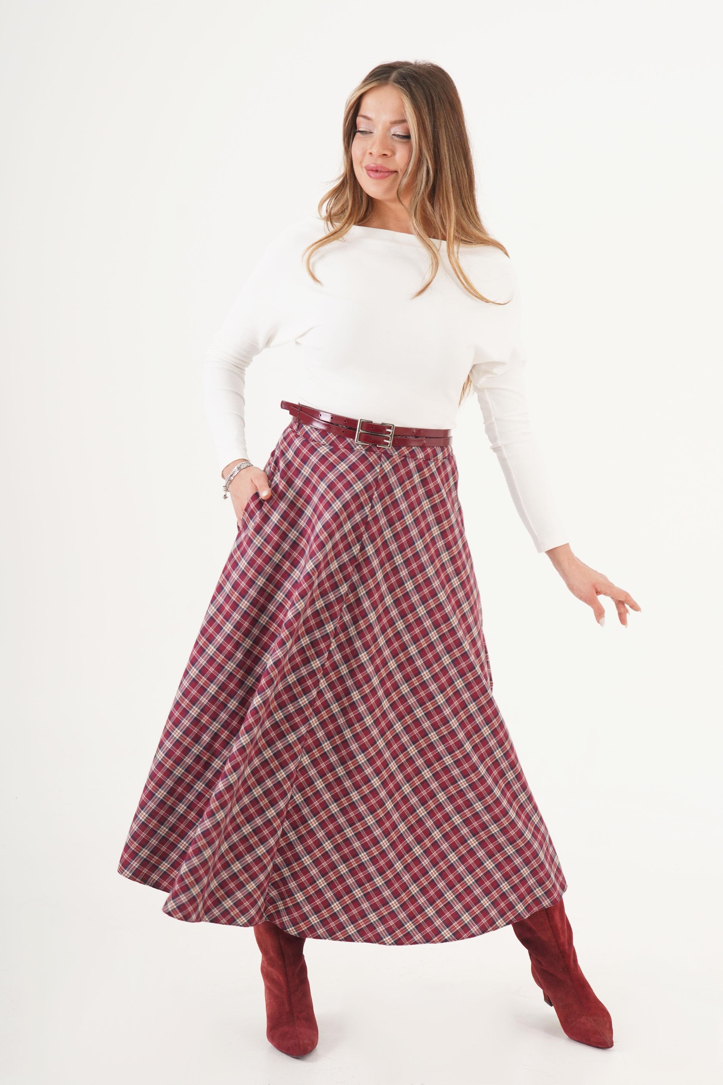 Volan Kesim Bordo Ekose Uzun Toptan Etek