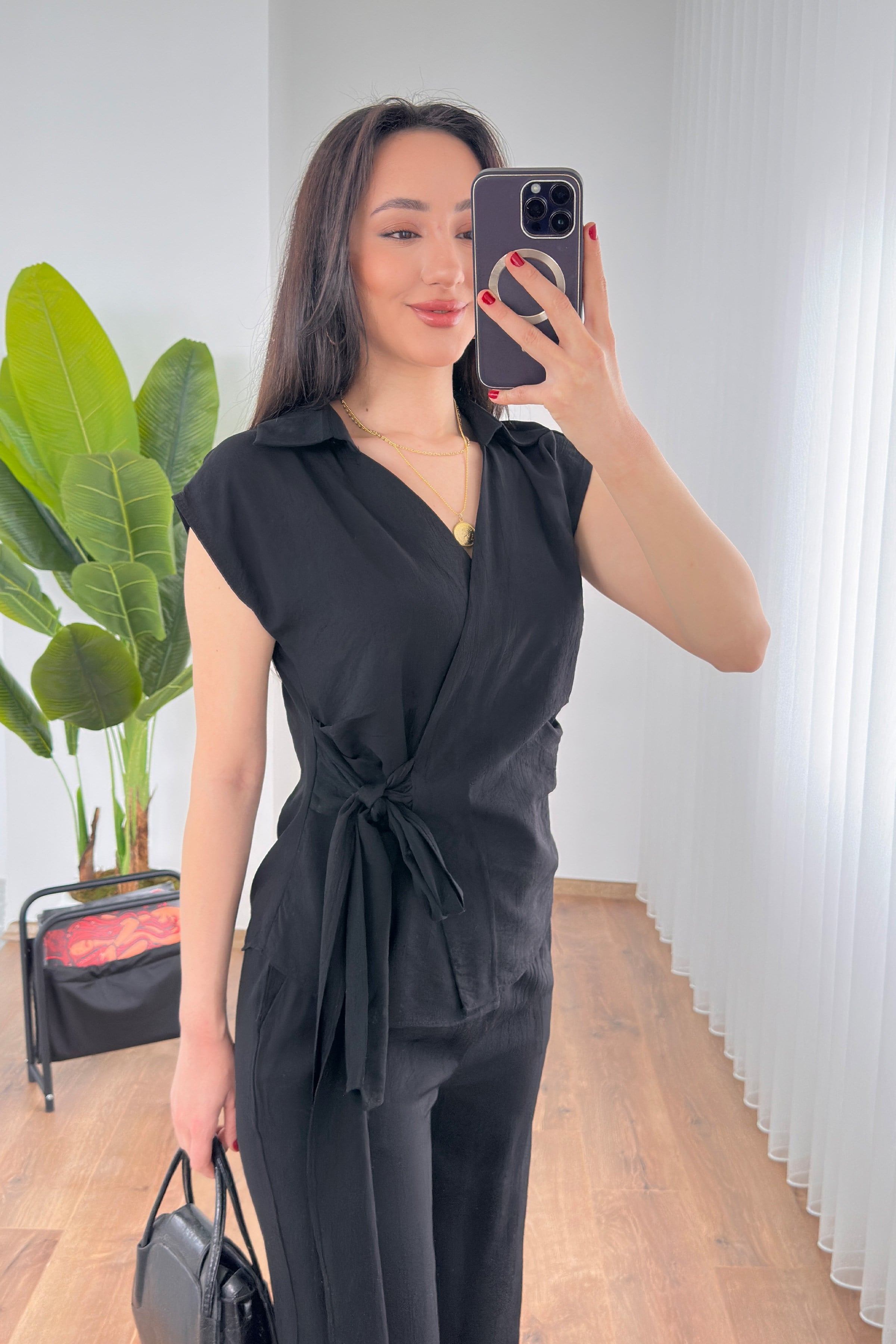 Beli Kuşak Bağlamalı Bluz Pantolon Toptan Siyah Takım