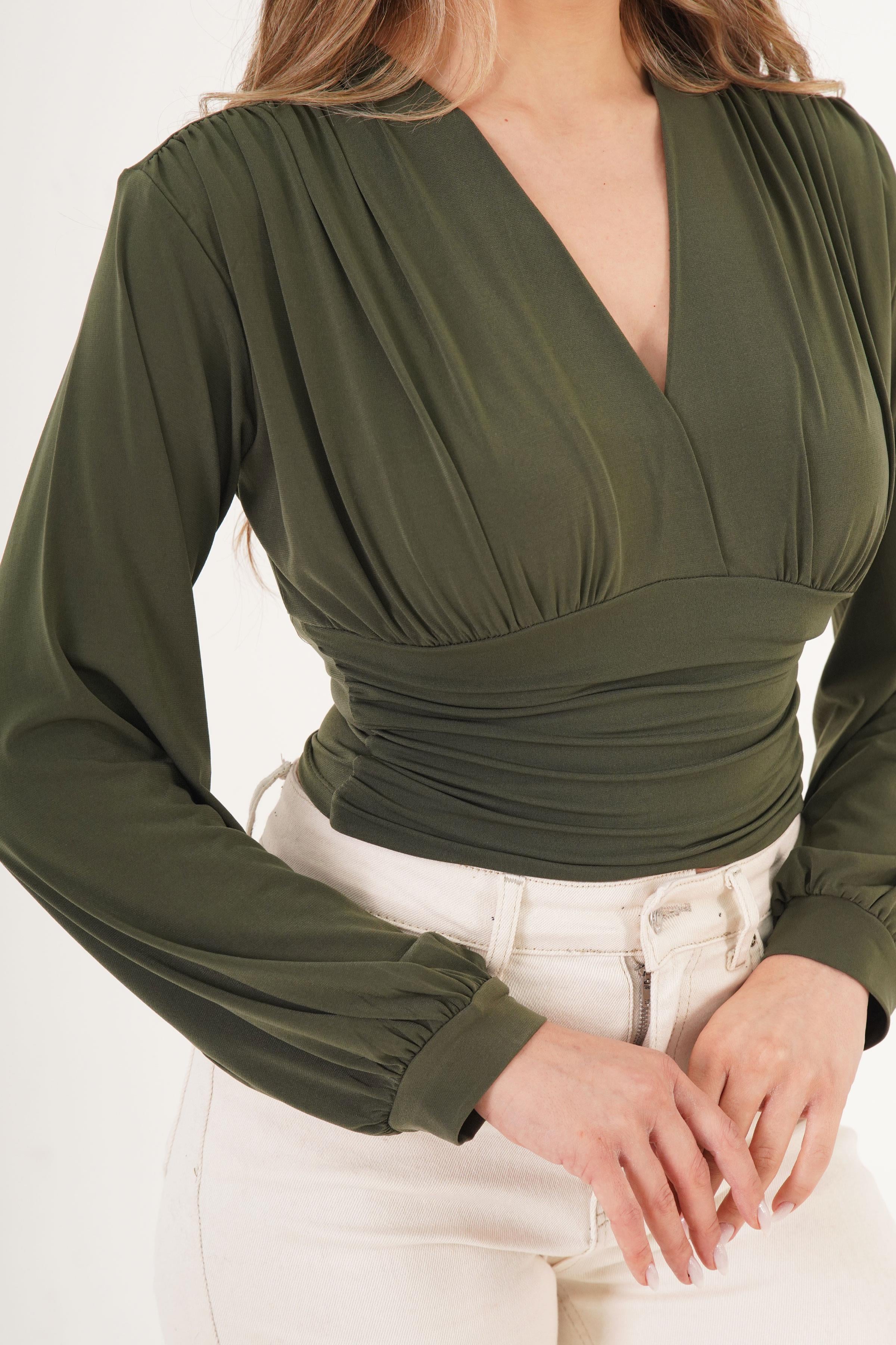 Göğüs Drapeli V Yaka Haki Toptan Bluz