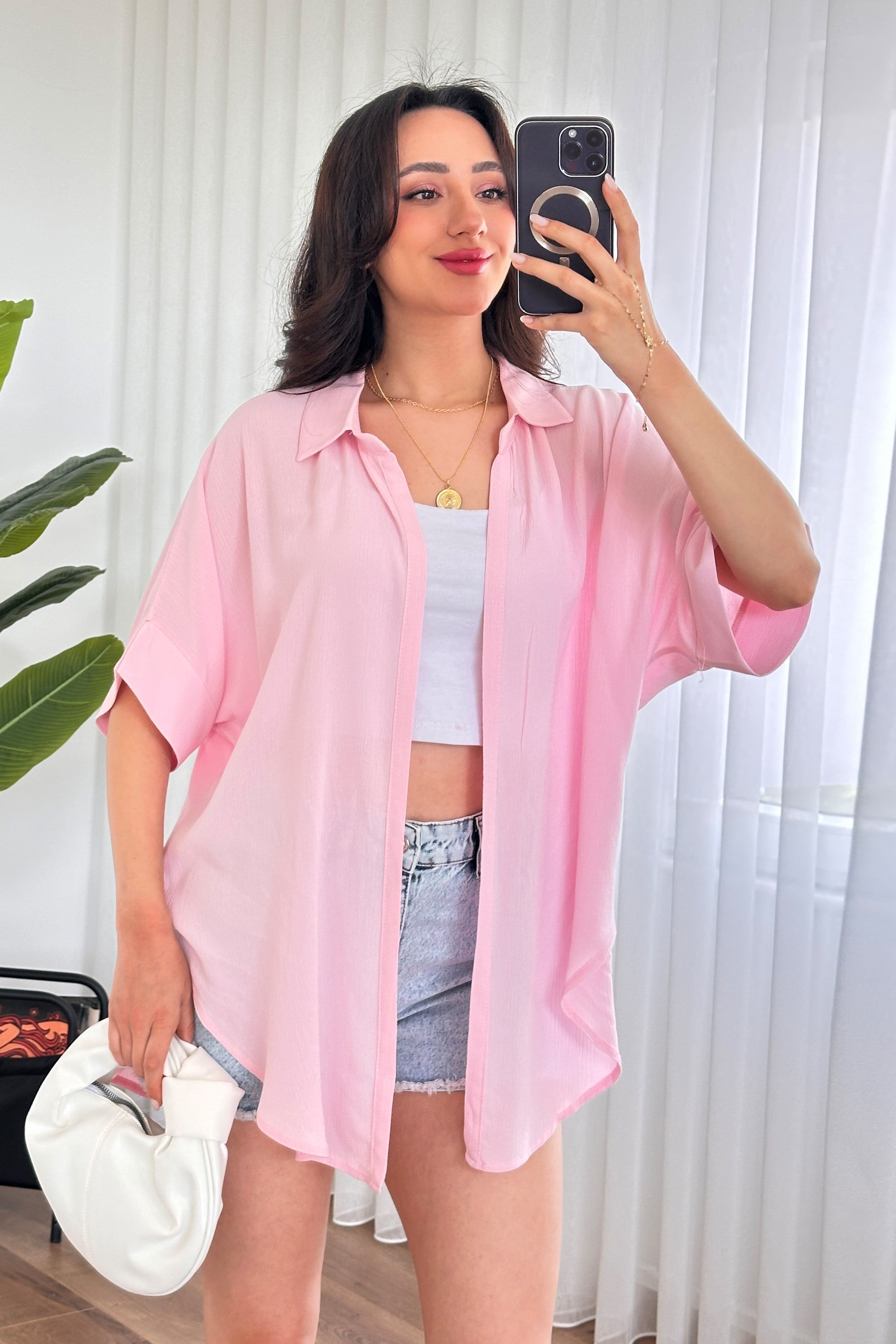 Kısa Kol Basic Kimono Toptan Pembe Bluz
