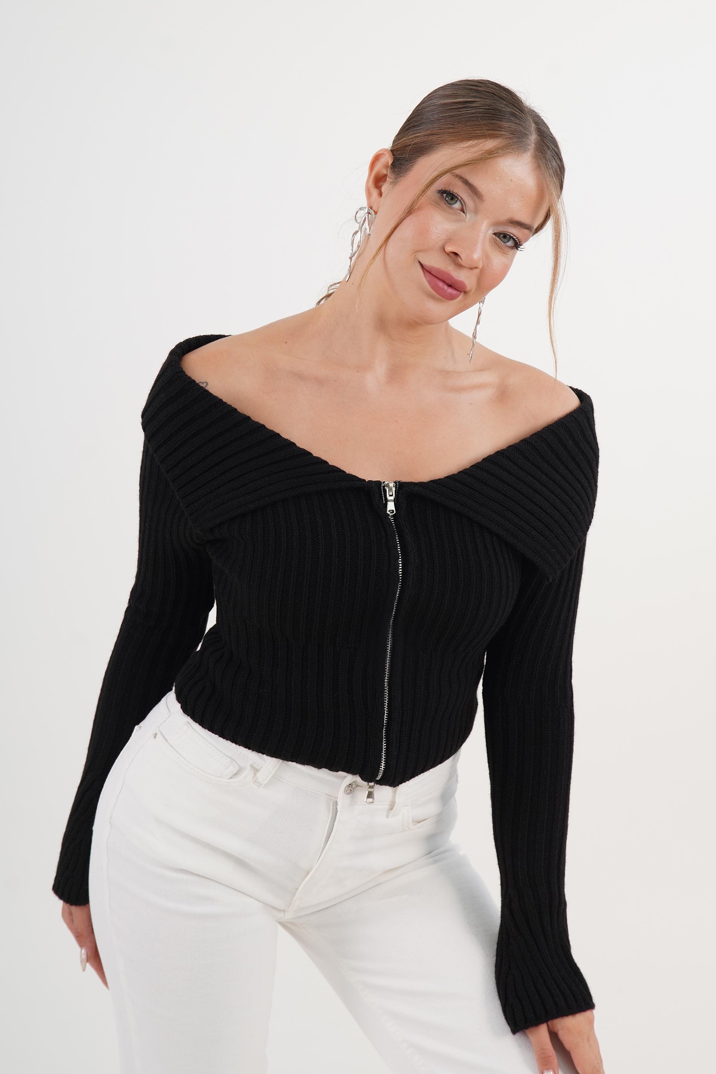 Madonna Yaka Full Fermuarlı Toptan Siyah Triko Bluz Siyah STD