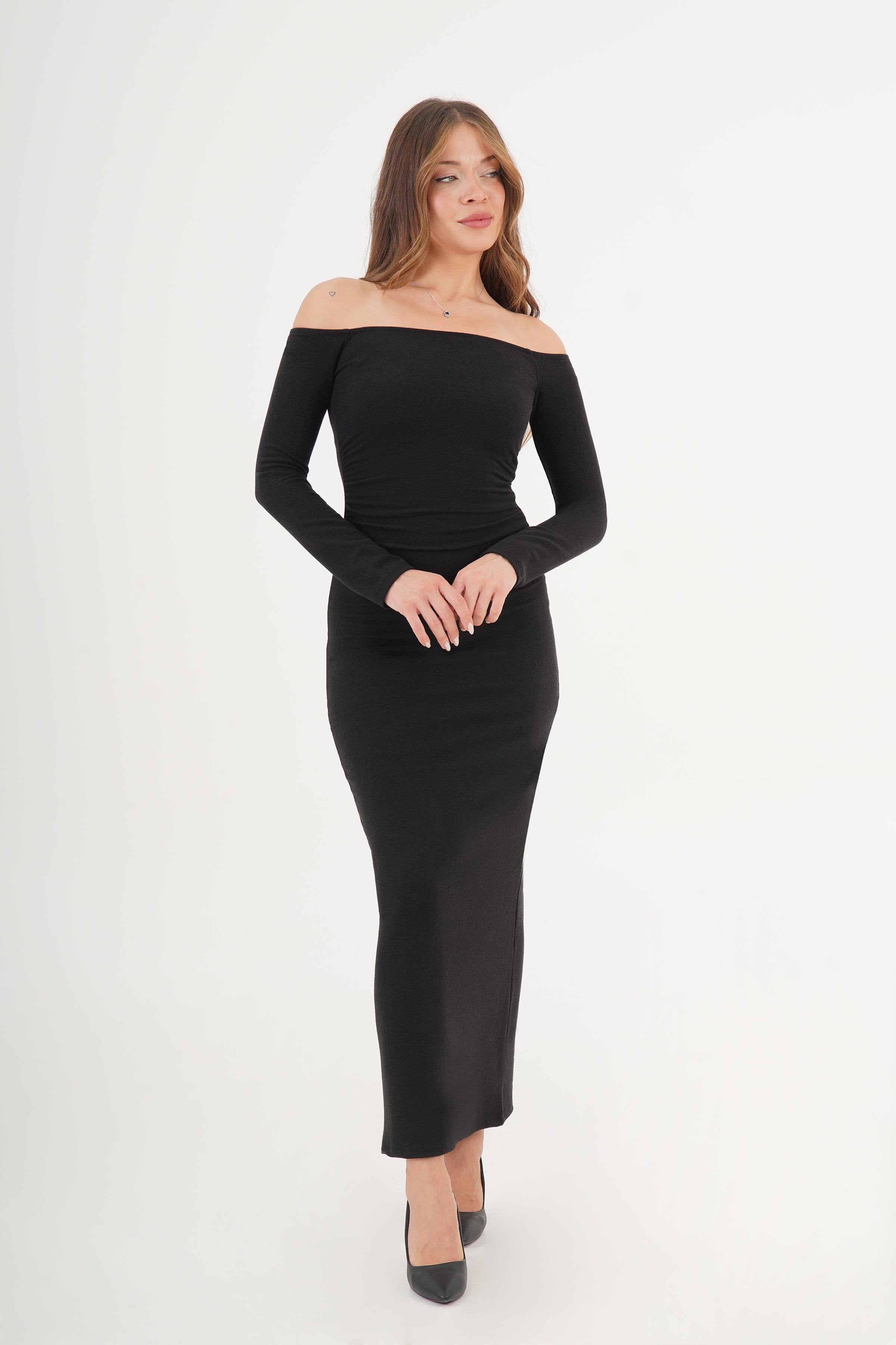 Beli Büzgü Detaylı Siyah Toptan Elbise