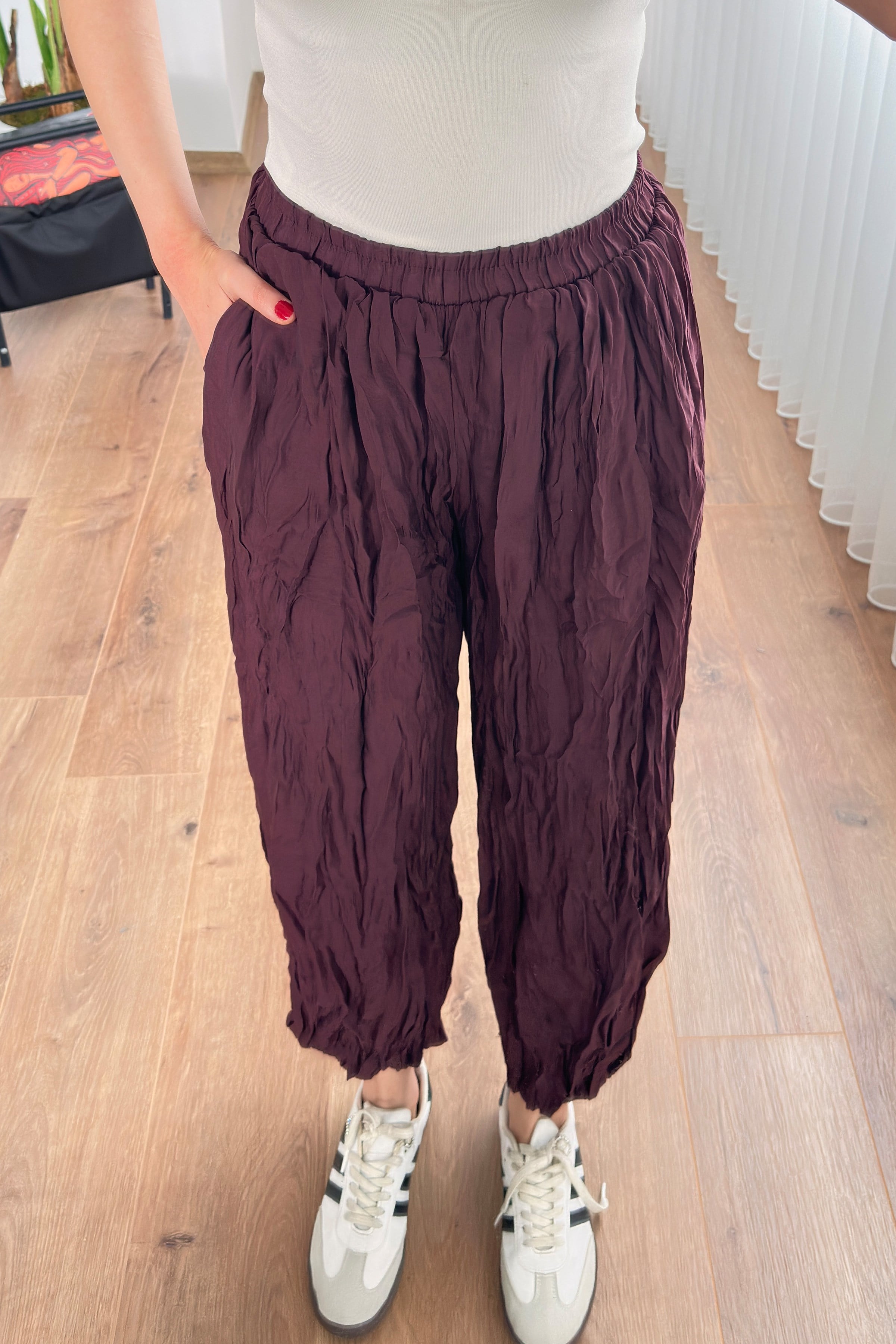 Kırışık Kumaş Toptan Mürdüm Şalvar Pantolon