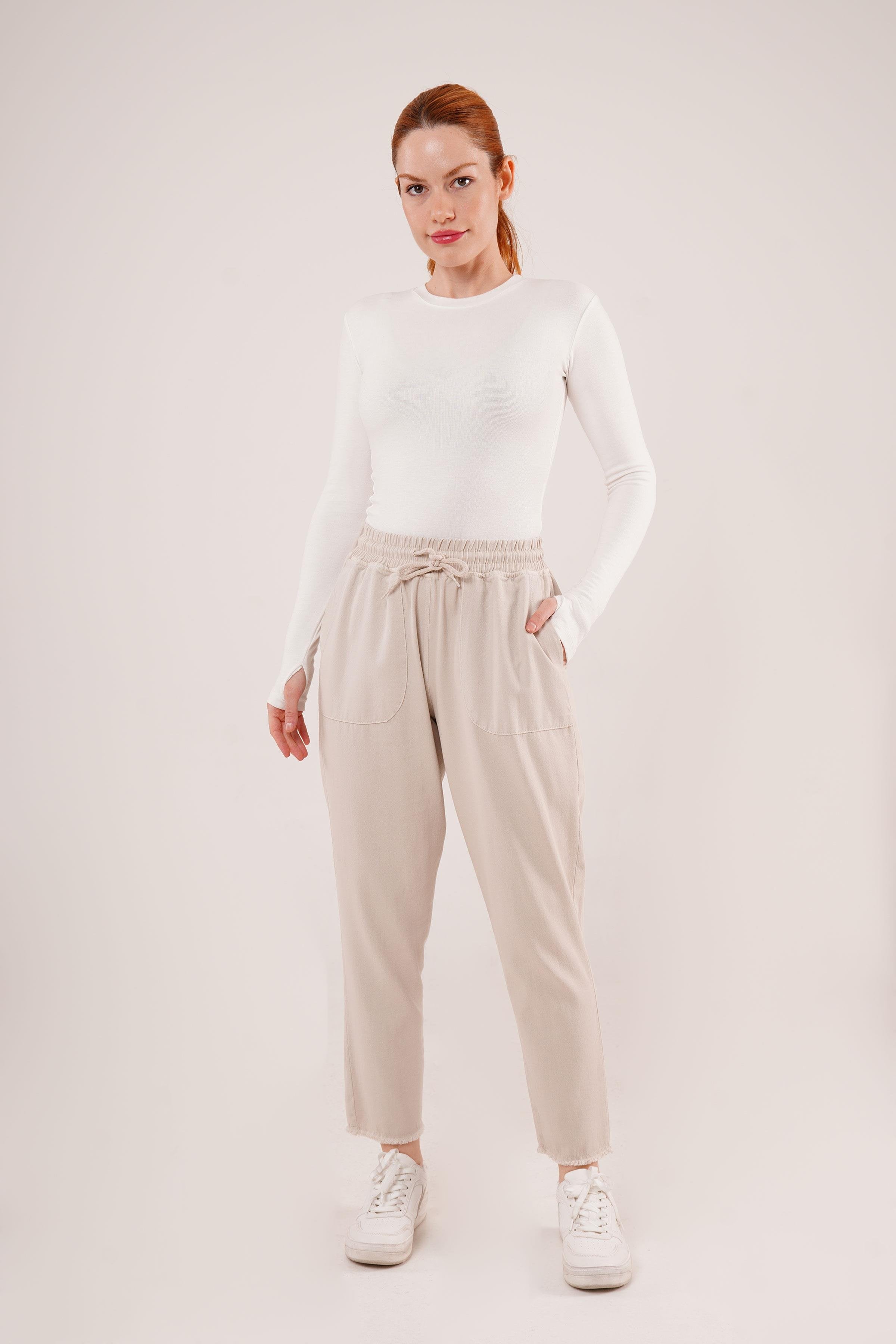 Bağlama Detaylı Cepli Toptan Krem Pantolon Krem S