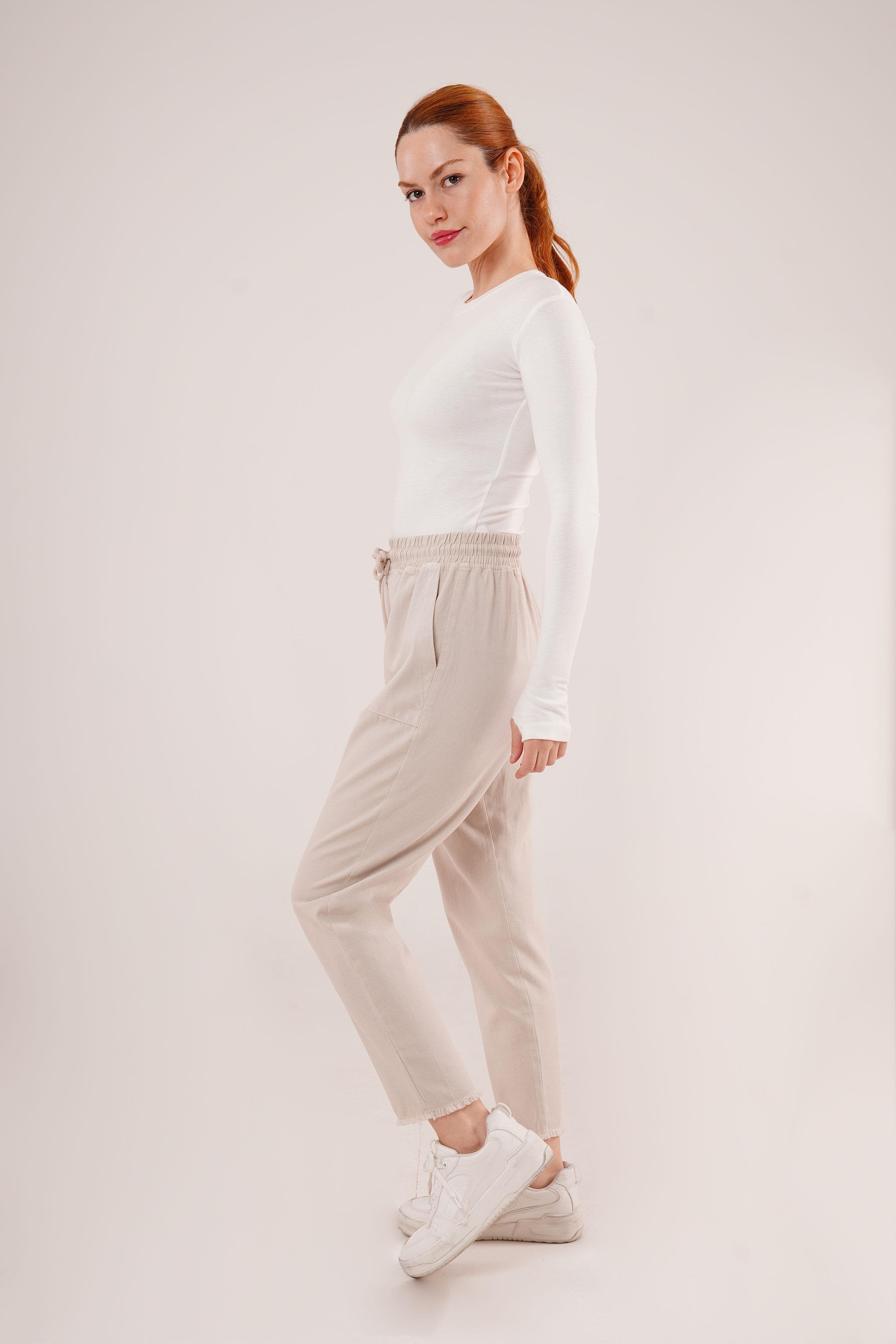 Bağlama Detaylı Cepli Toptan Krem Pantolon