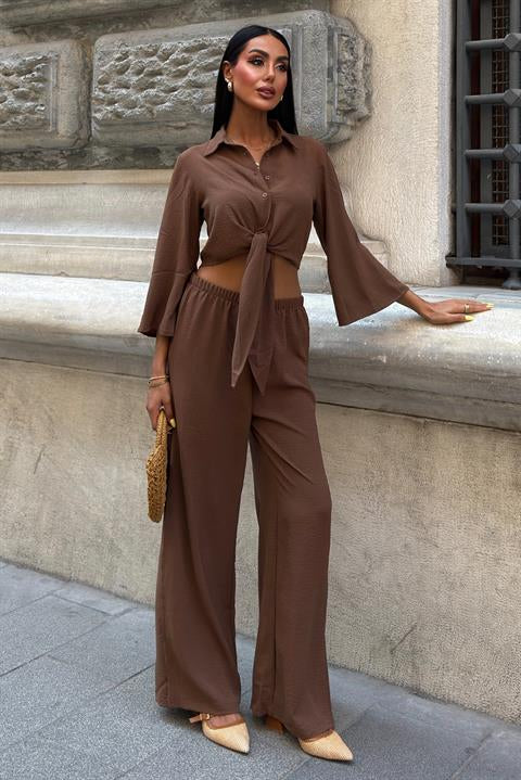 Bağlamalı Gömlek ve Yırtmaç Pantolonlu Ayrobin Takım 10179
