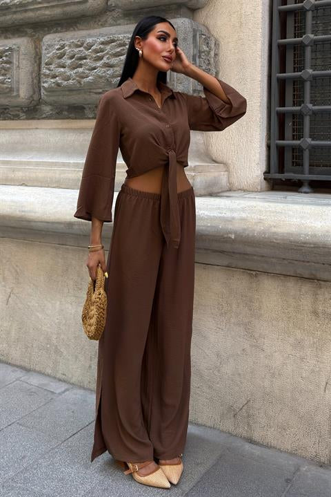 Bağlamalı Gömlek ve Yırtmaç Pantolonlu Ayrobin Takım 10179