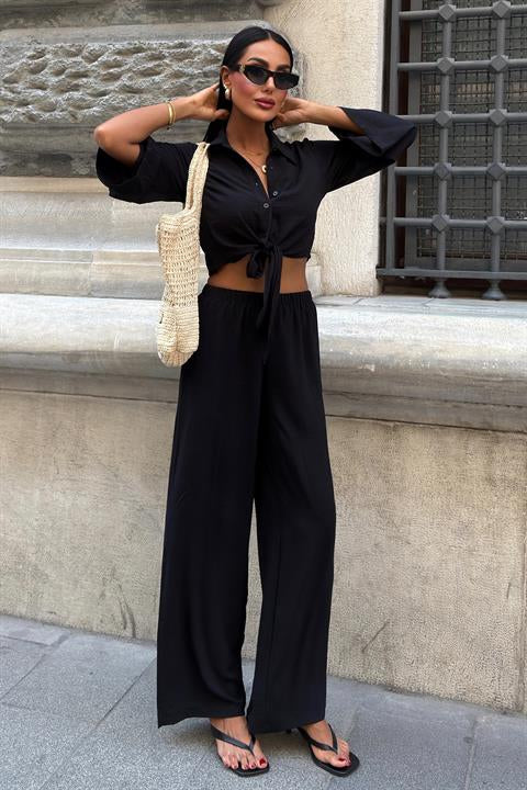 Bağlamalı Gömlek ve Yırtmaç Pantolonlu Ayrobin Takım 10179