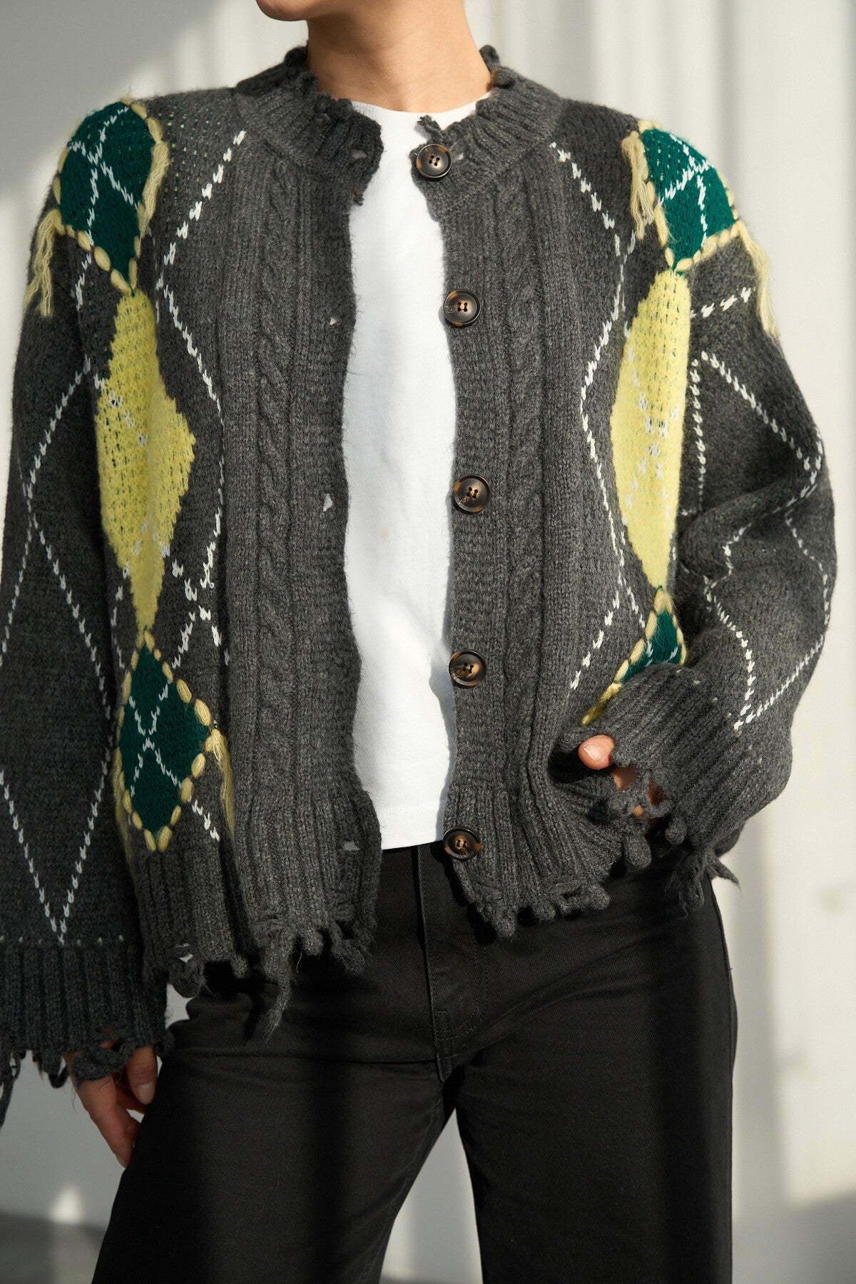 Anthracite-Petroleum Baklava Pattern Fringed Cardigan