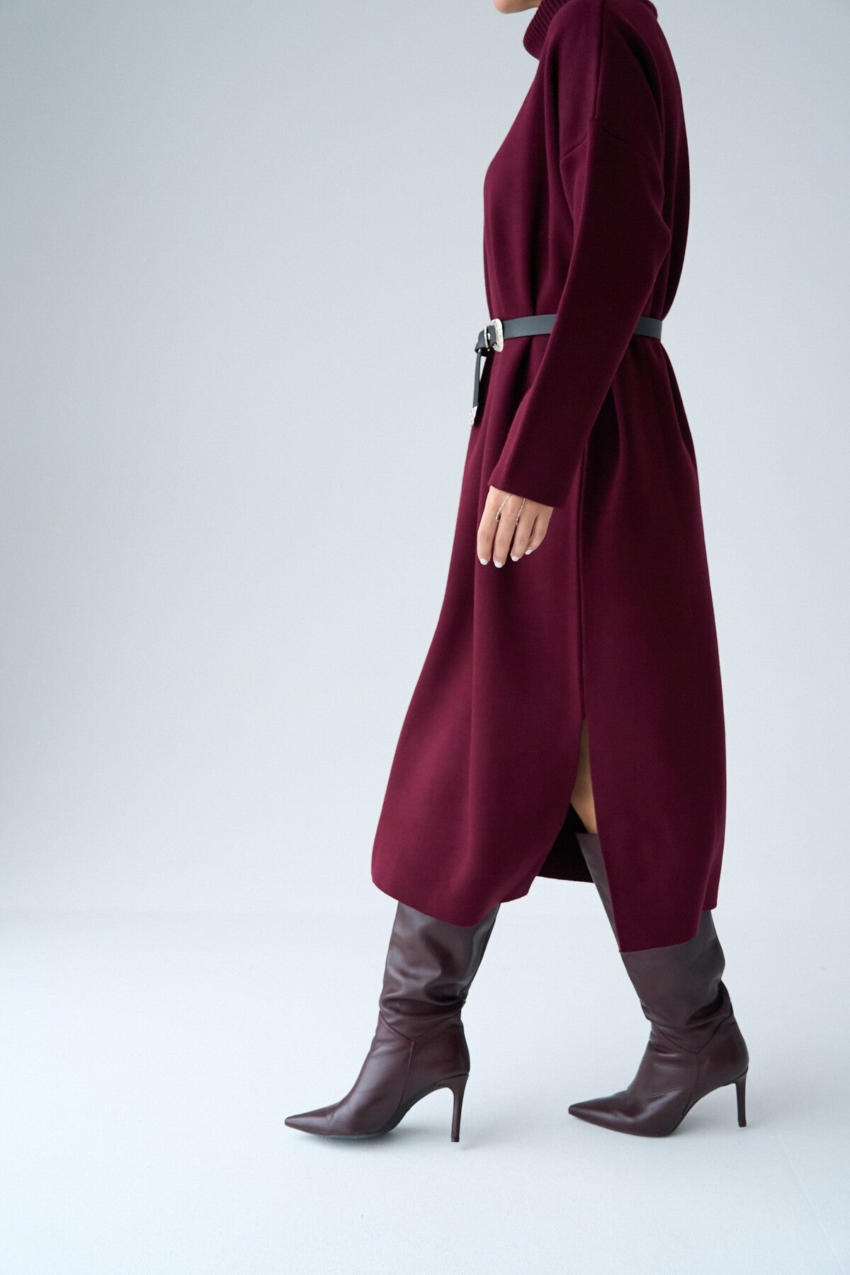 Burgundy Turtleneck Belted Dress