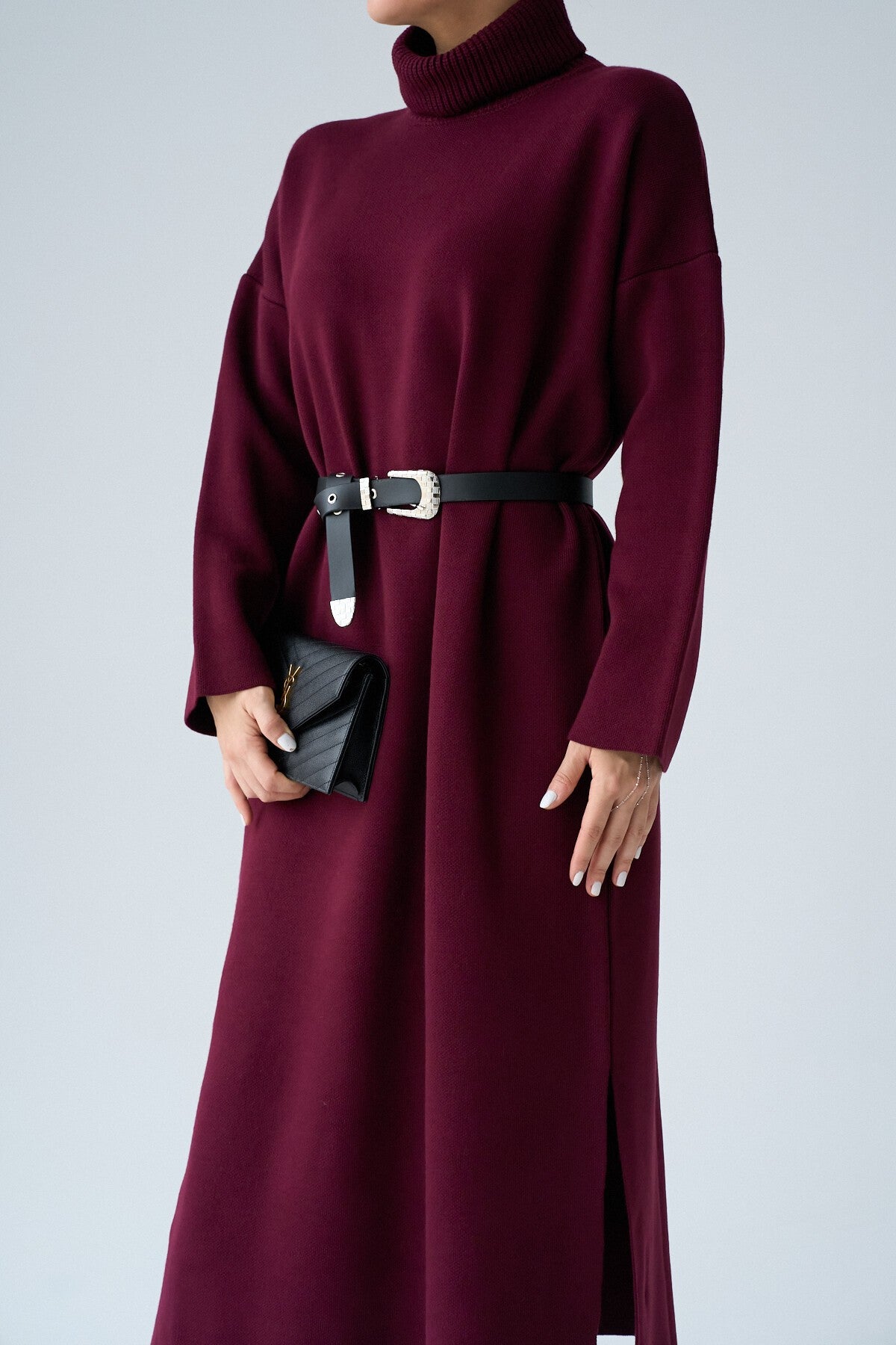 Burgundy Turtleneck Belted Dress