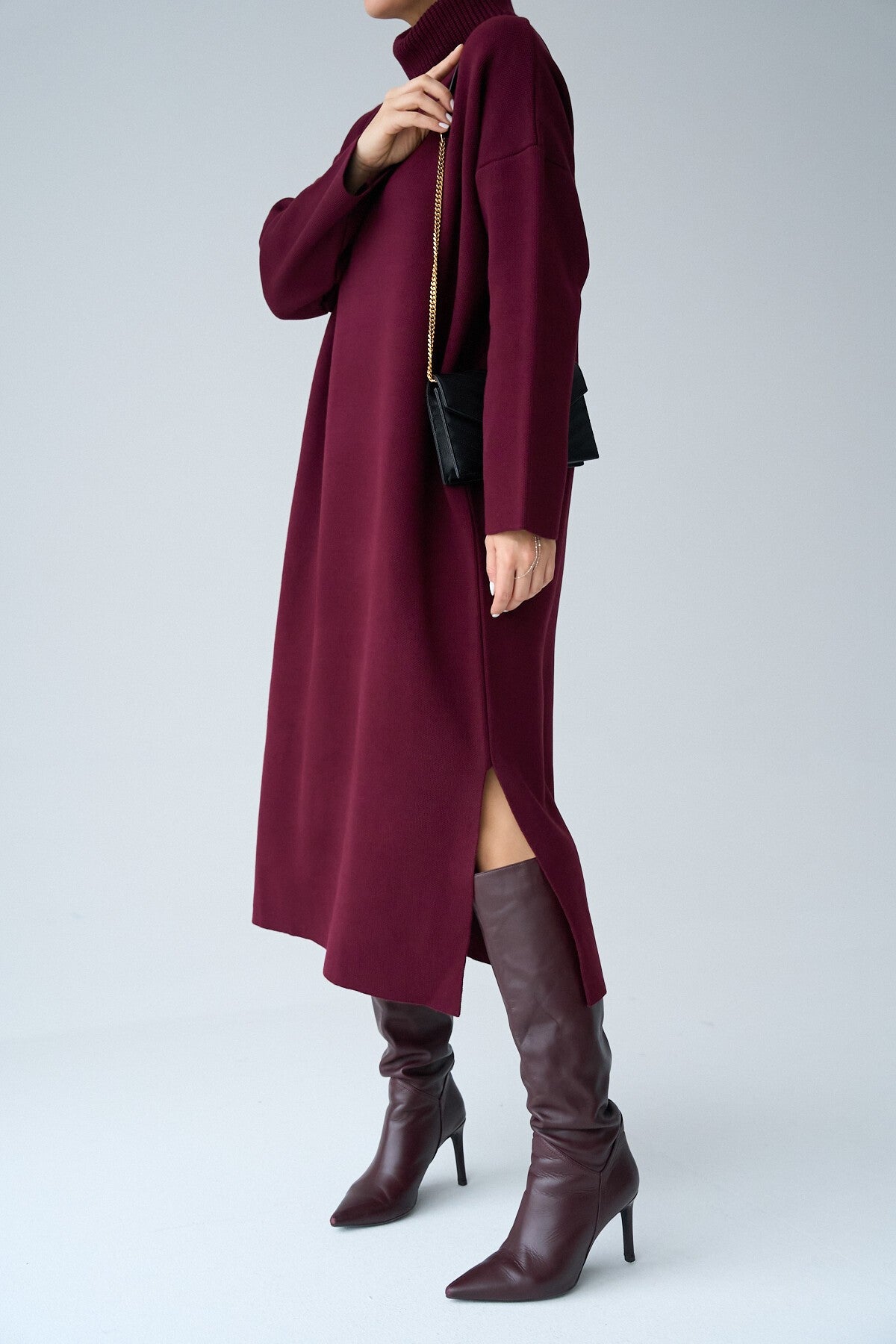 Burgundy Turtleneck Belted Dress