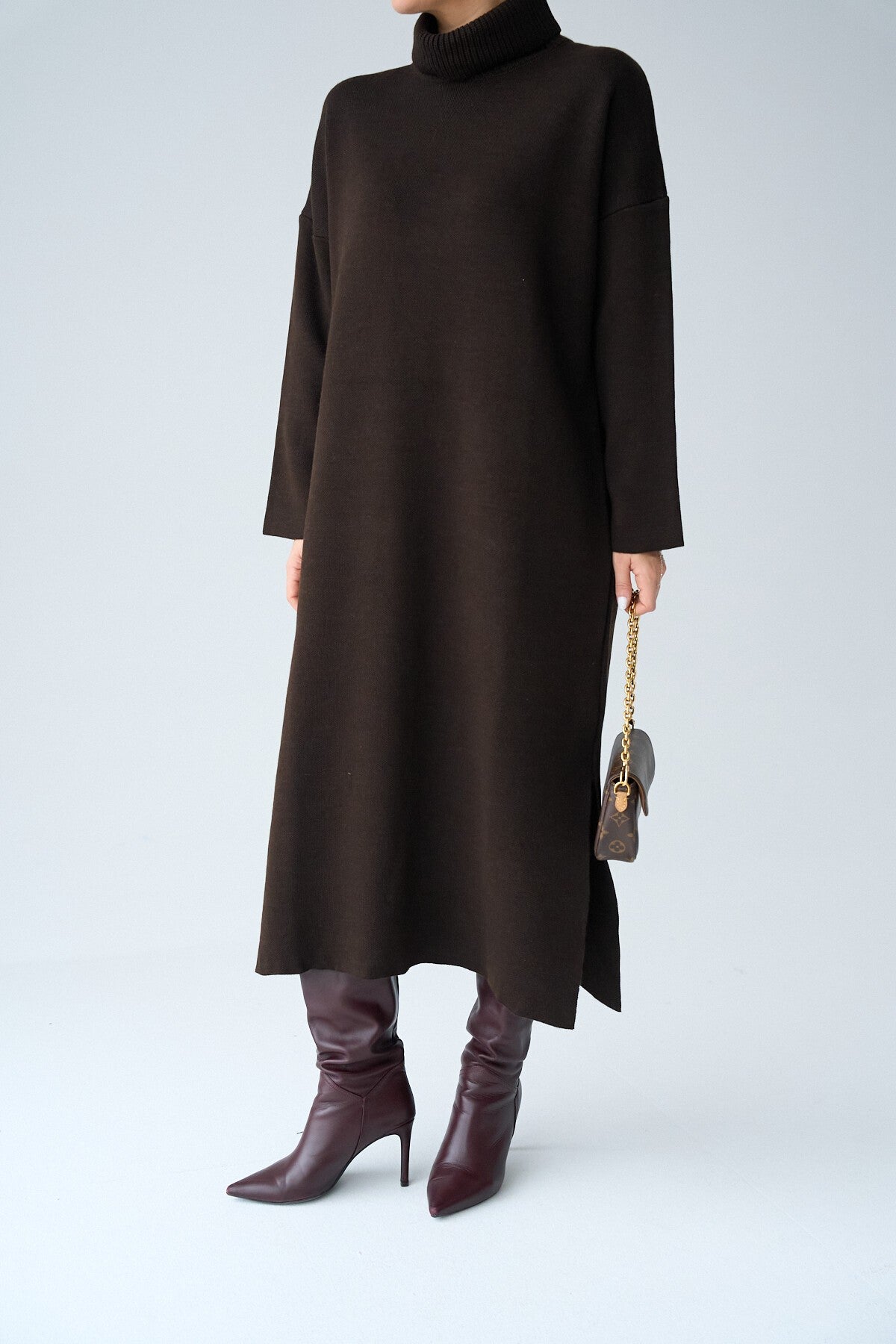 Dark Brown Turtleneck Belted Dress