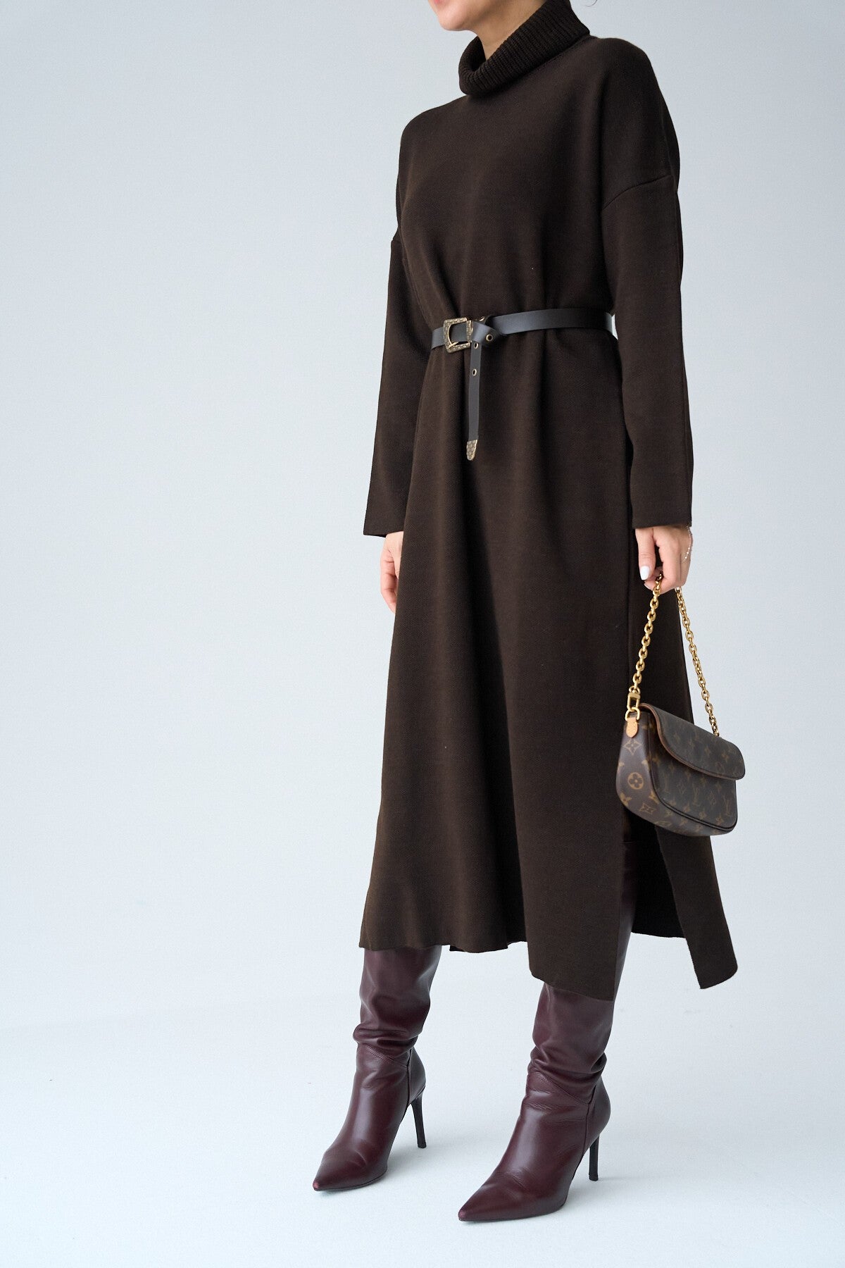 Dark Brown Turtleneck Belted Dress