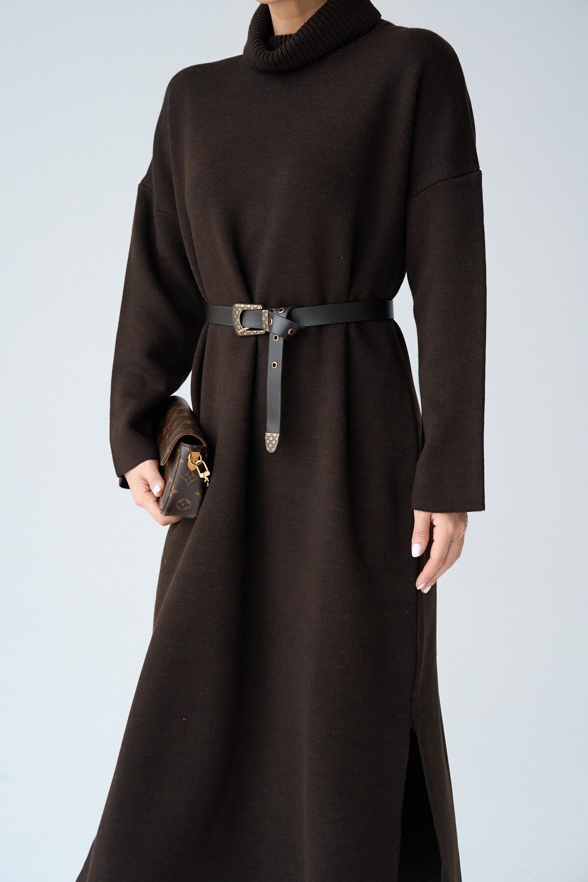 Dark Brown Turtleneck Belted Dress