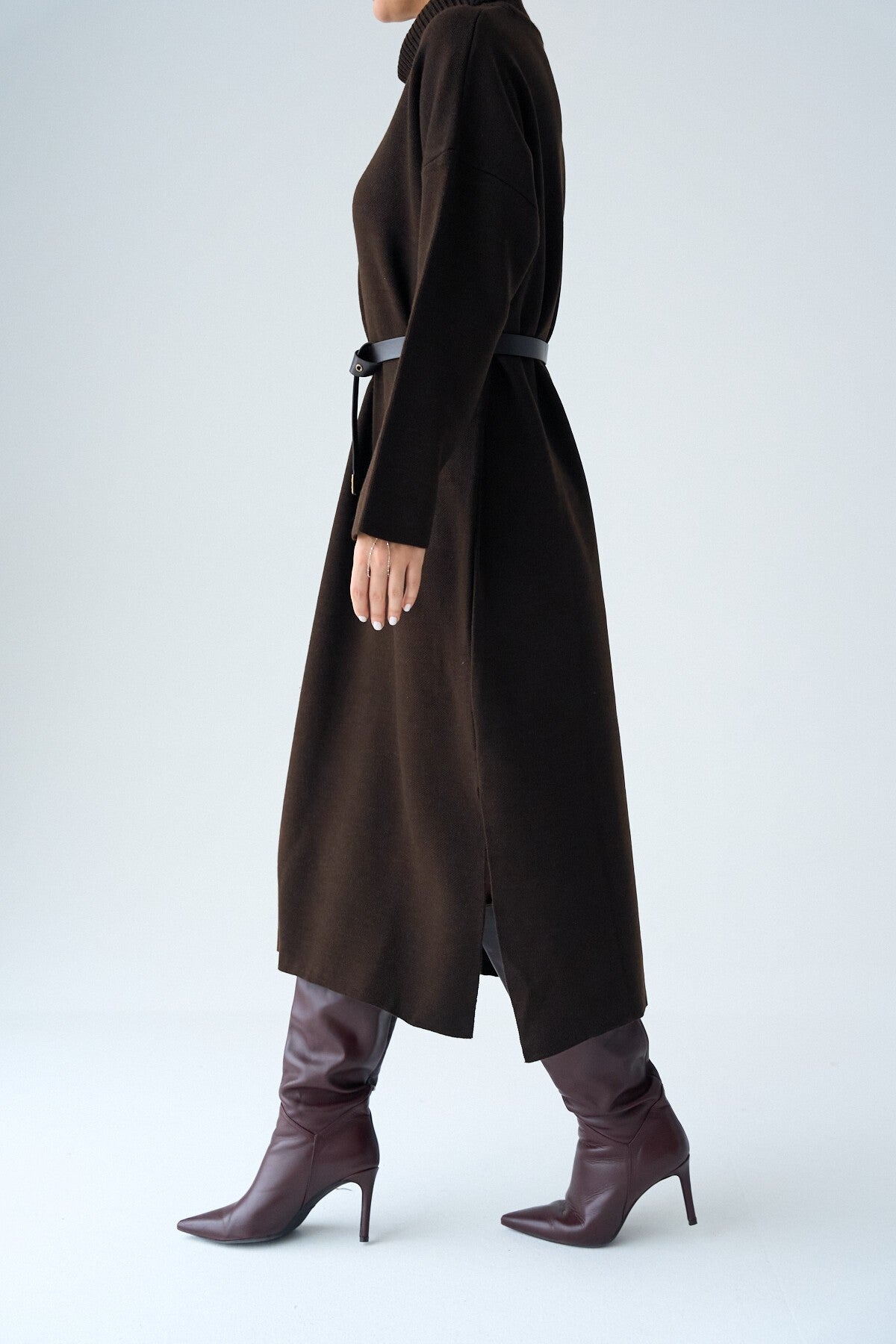 Dark Brown Turtleneck Belted Dress