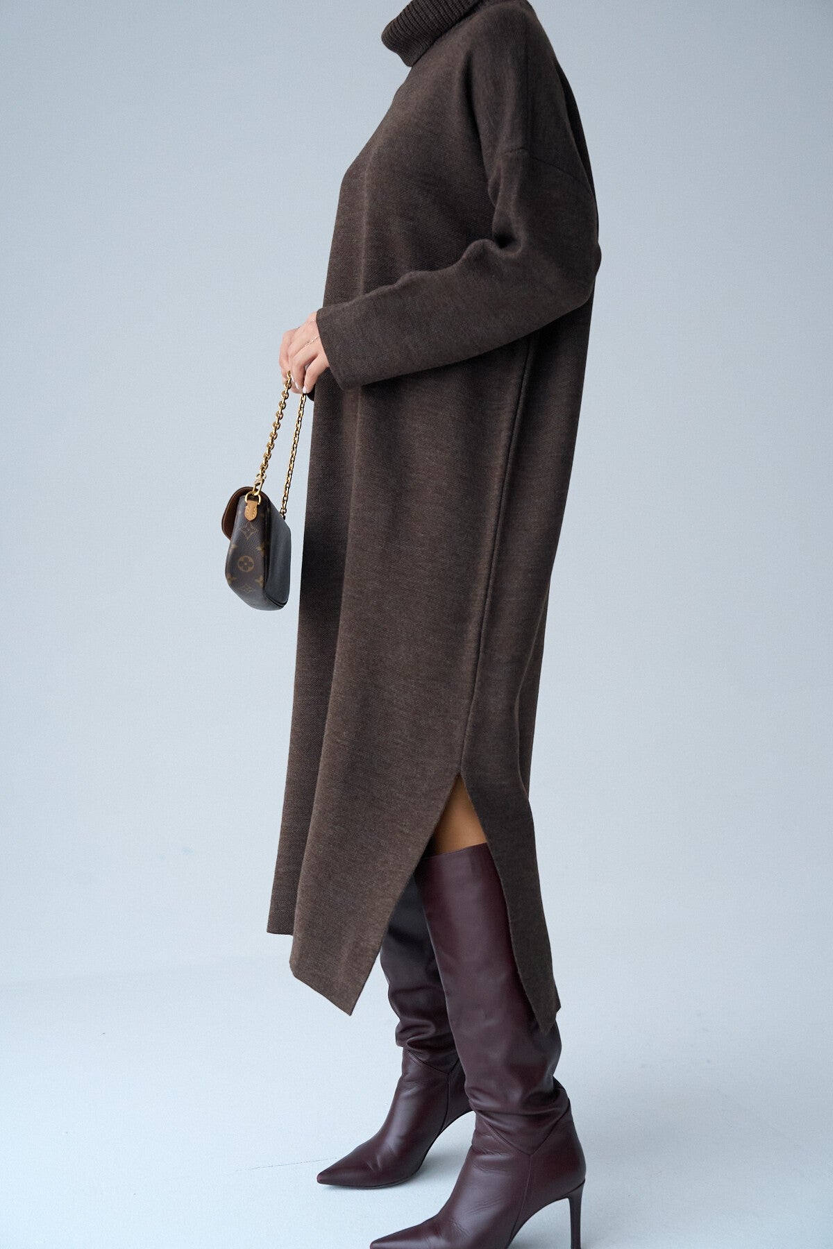 COFFEE Fisherman Collar Belted Dress