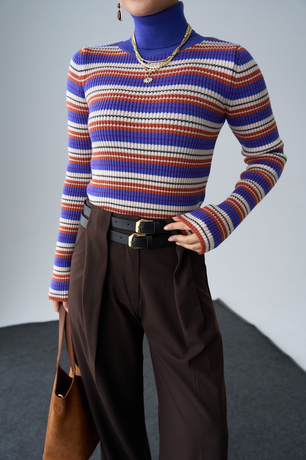 Turkish Navy-Purple Fisherman Ribbed Turtleneck Sweater