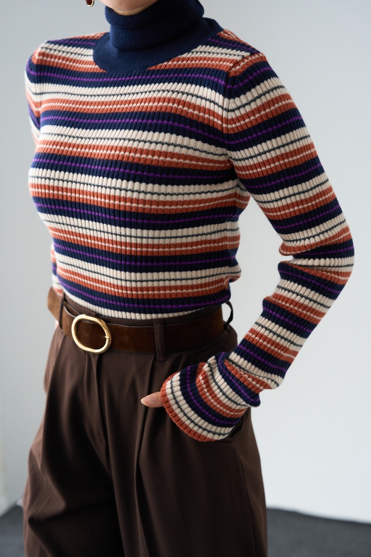 Navy Blue-Purple Turtleneck Colorful Sweater