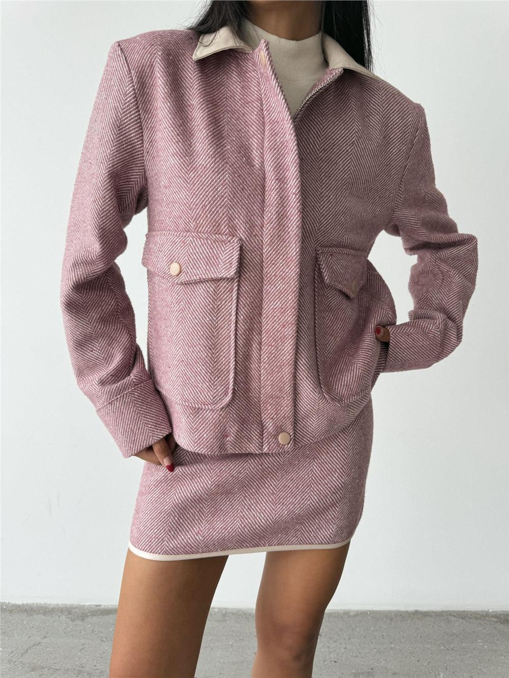 BALIKSIRTI KAŞE FERMUARLI CEKET KISA - Gül Kurusu