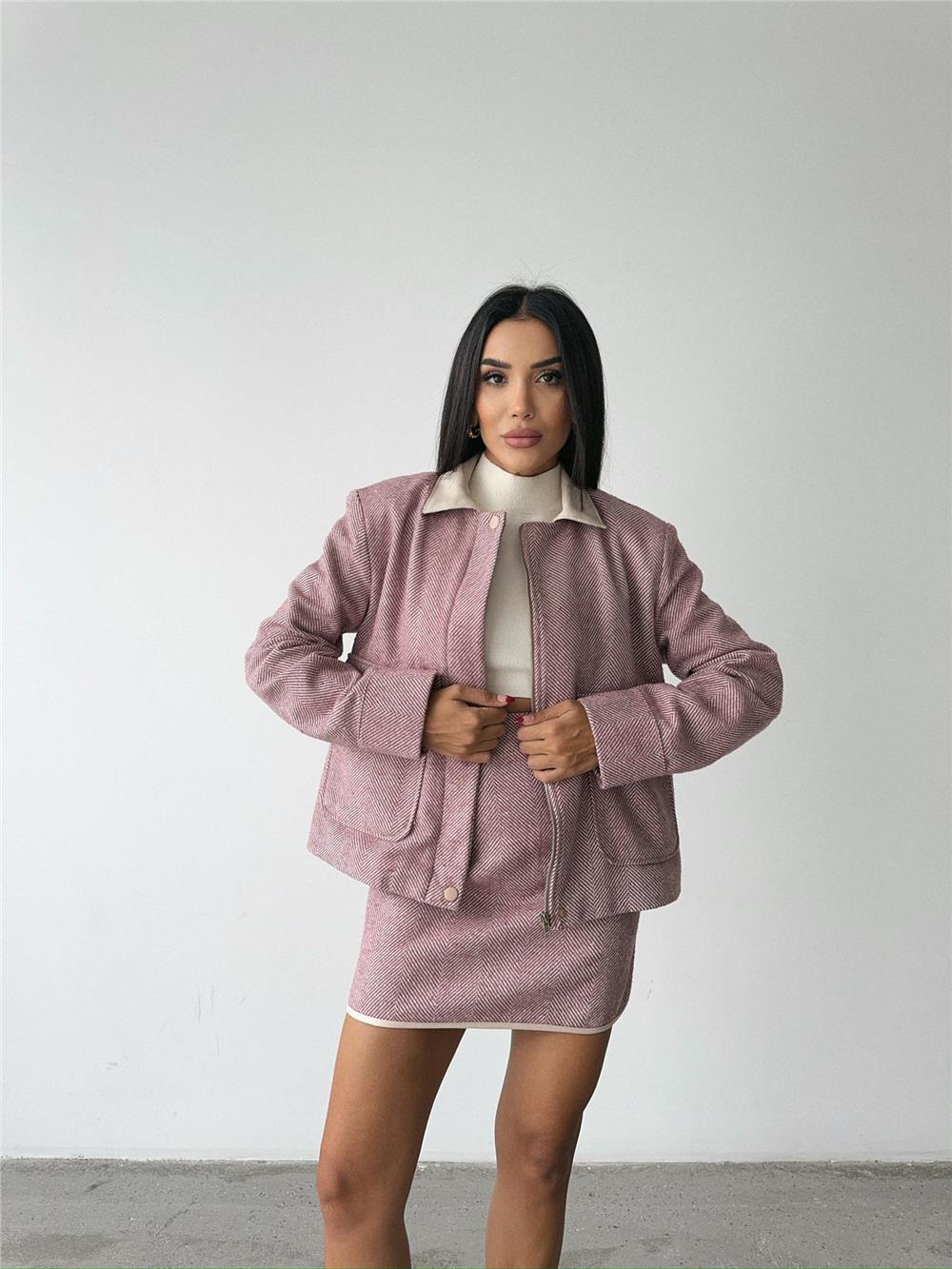 BALIKSIRTI KAŞE FERMUARLI CEKET KISA - Gül Kurusu