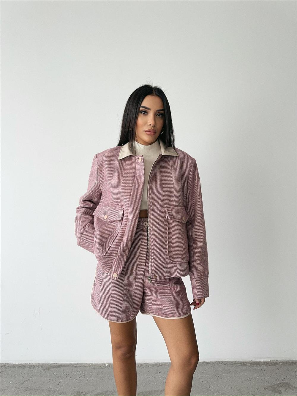 BALIKSIRTI KAŞE FERMUARLI CEKET KISA - Gül Kurusu