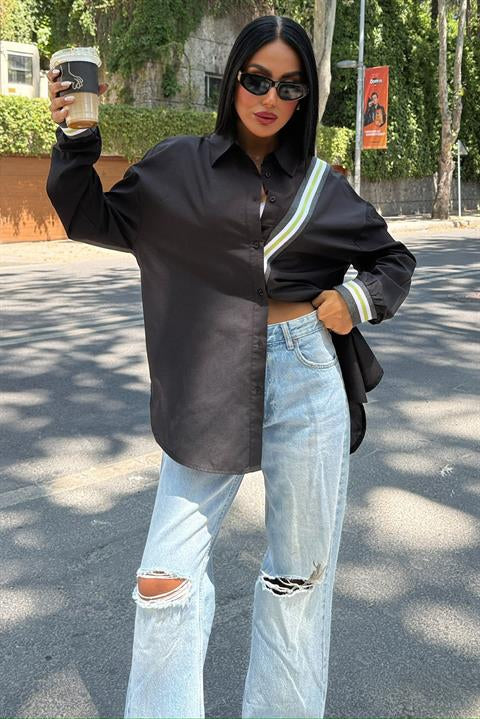 Bant Detaylı Oversize Poplin Gömlek 3436 SİYAH L