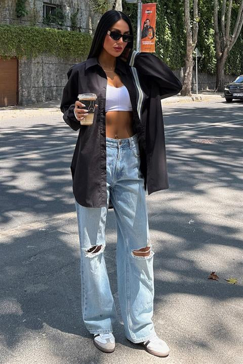 Bant Detaylı Oversize Poplin Gömlek 3436