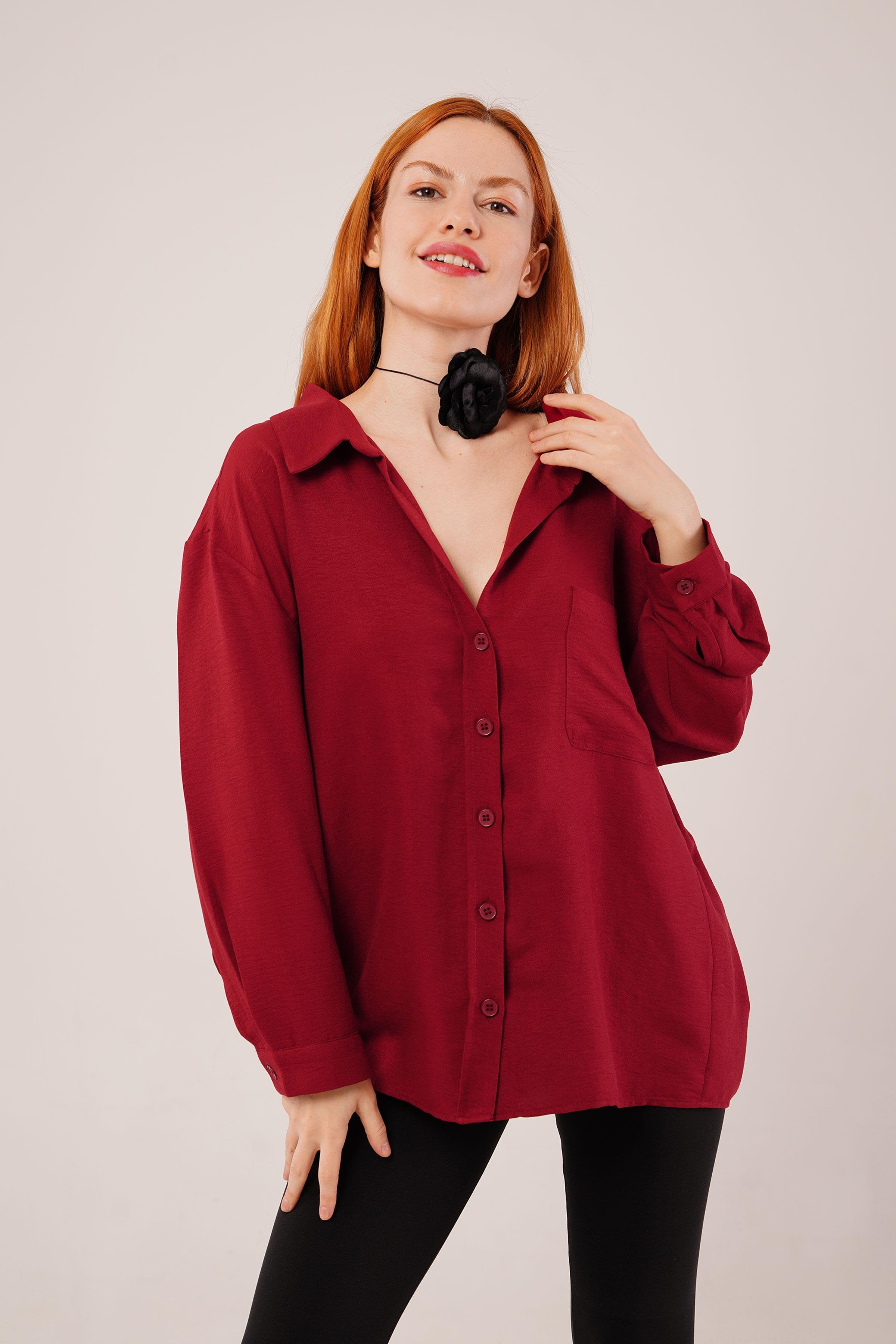Basic Oversize Bordo Toptan Gömlek Bordo STD