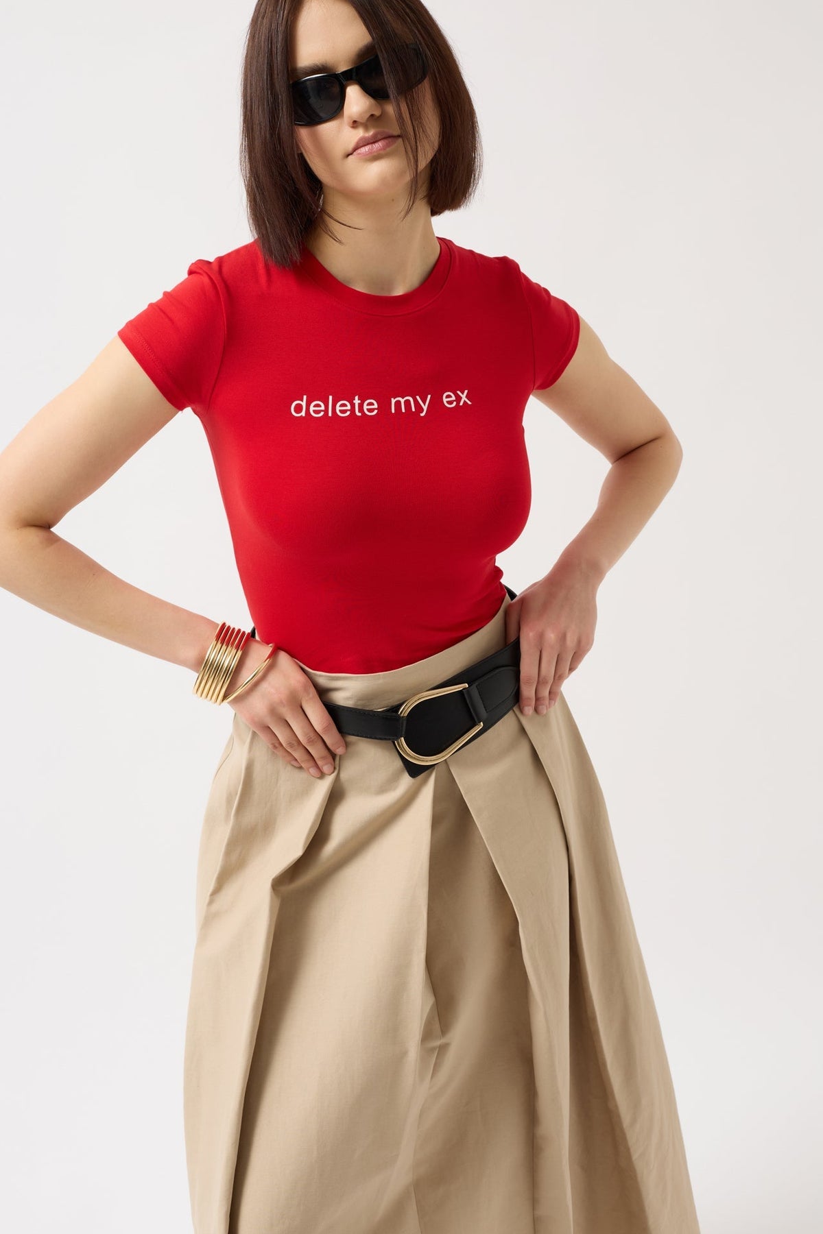 Delete My Ex Baskılı Likralı Crop T-Shirt - Kırmızı