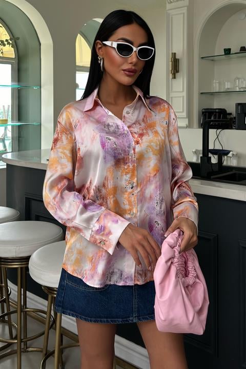 Batik Desenli Saten Gömlek 3409 MULTİ L