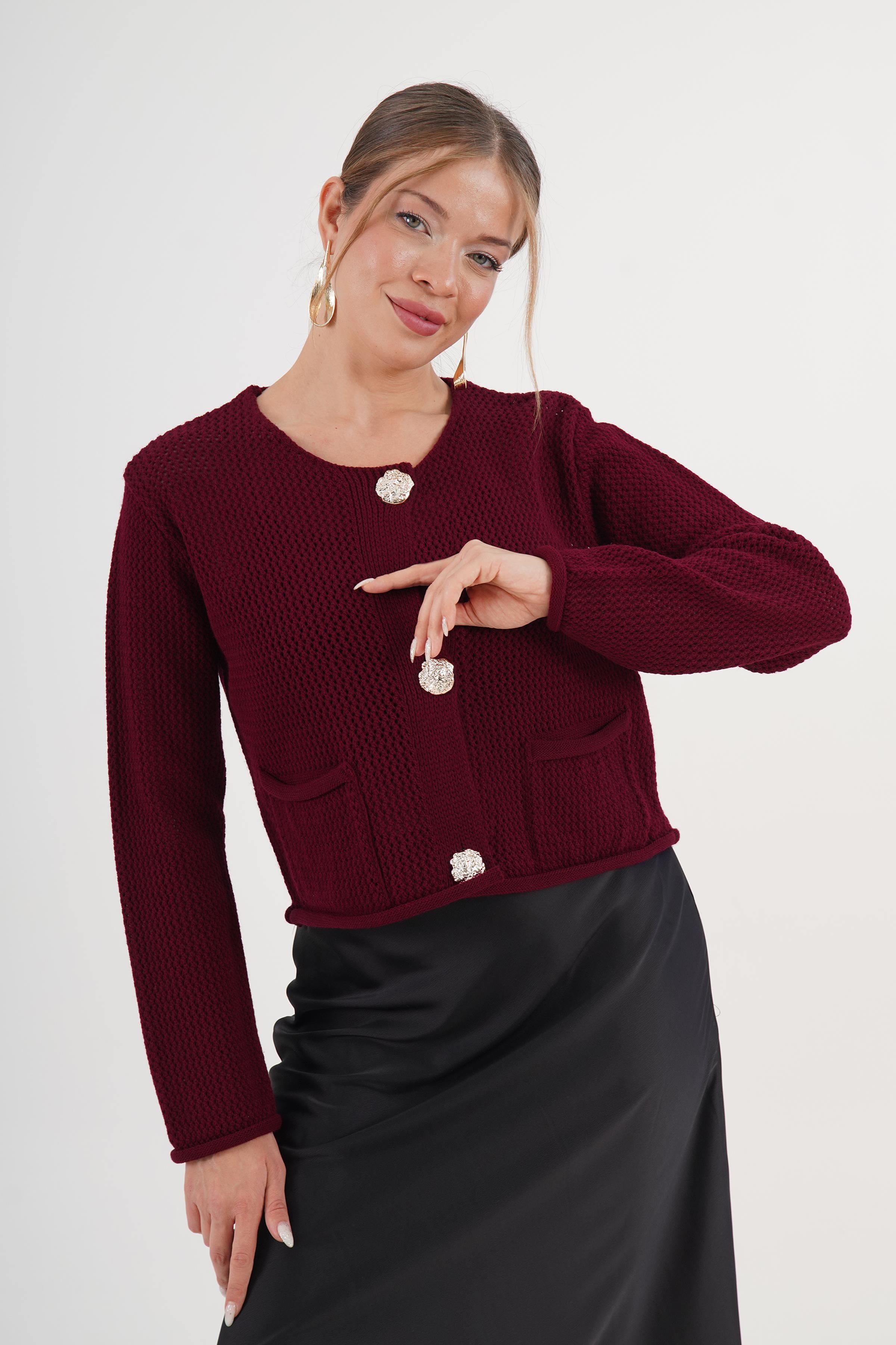 Mücevher Düğmeli Toptan Bordo Hırka Bordo STD