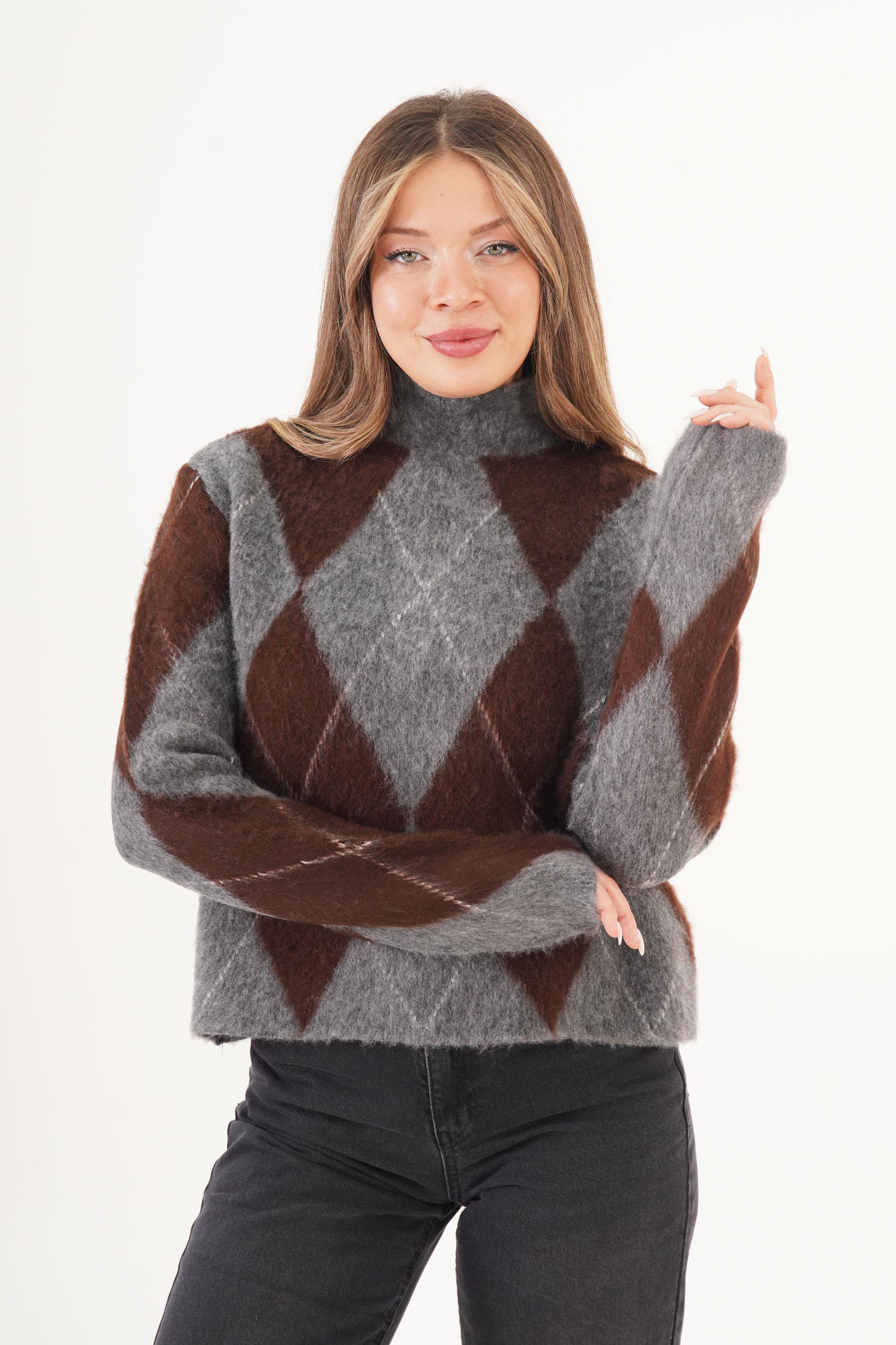 Baklava Desen Dik Yaka Kahve Toptan Triko Kazak