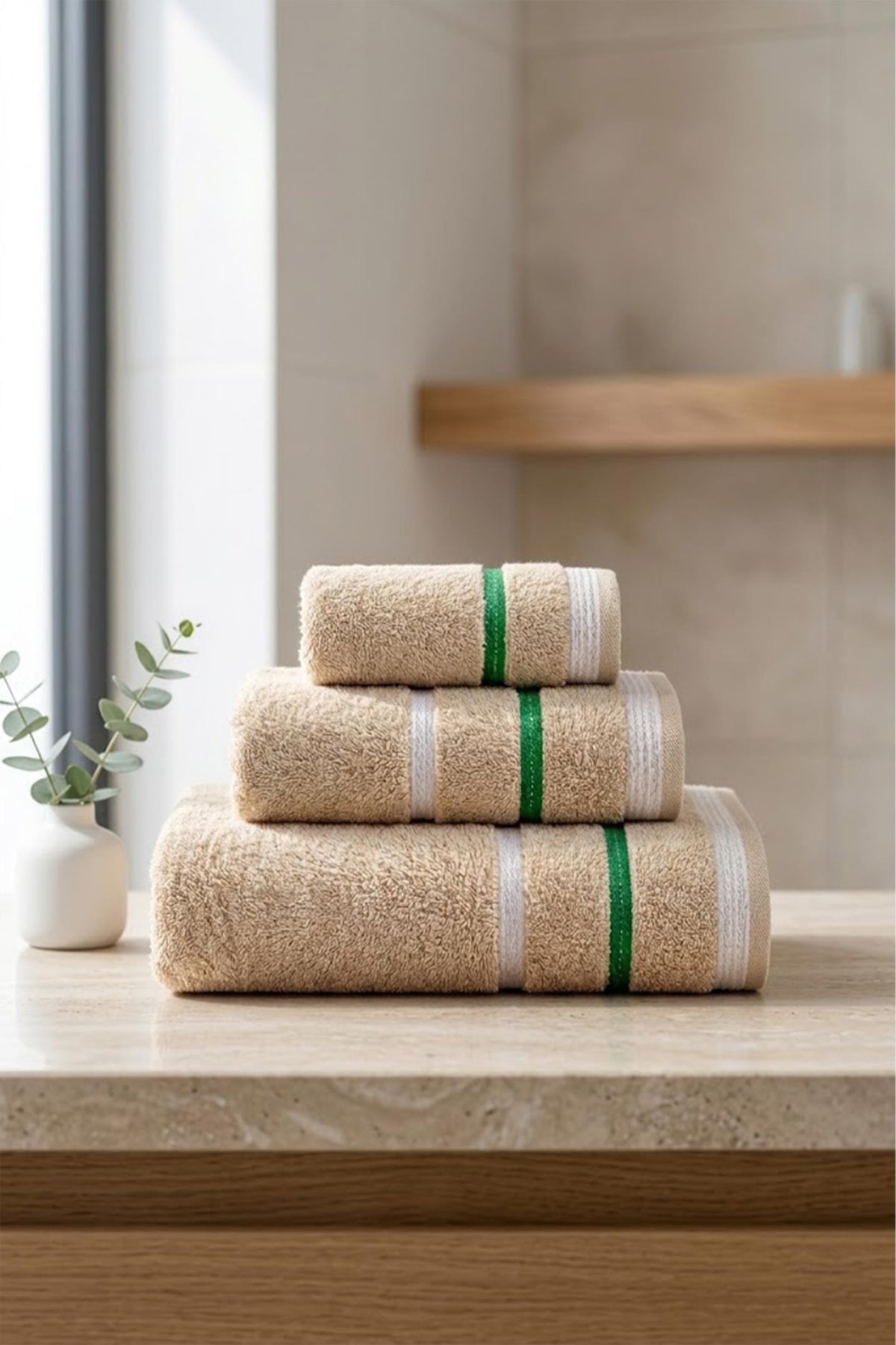 Be-0927St-Bg  %100 Pamuk Bej 3 Lü Set, 30X50 Cm, 50X90 Cm, 90X150 Cm Havlu Seti