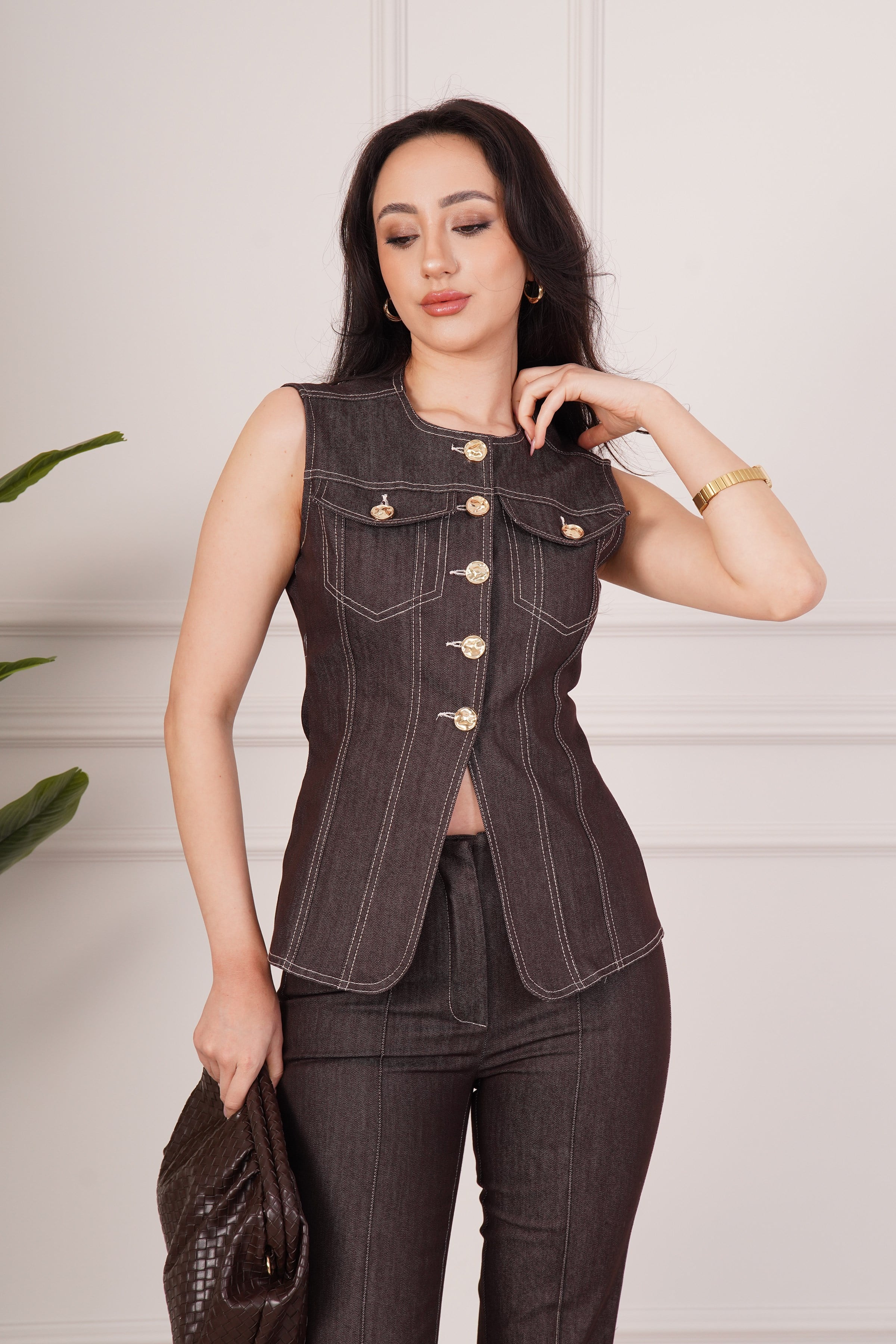 Dikiş Detaylı Yelek Pantolon Kahve Toptan İkili Takım