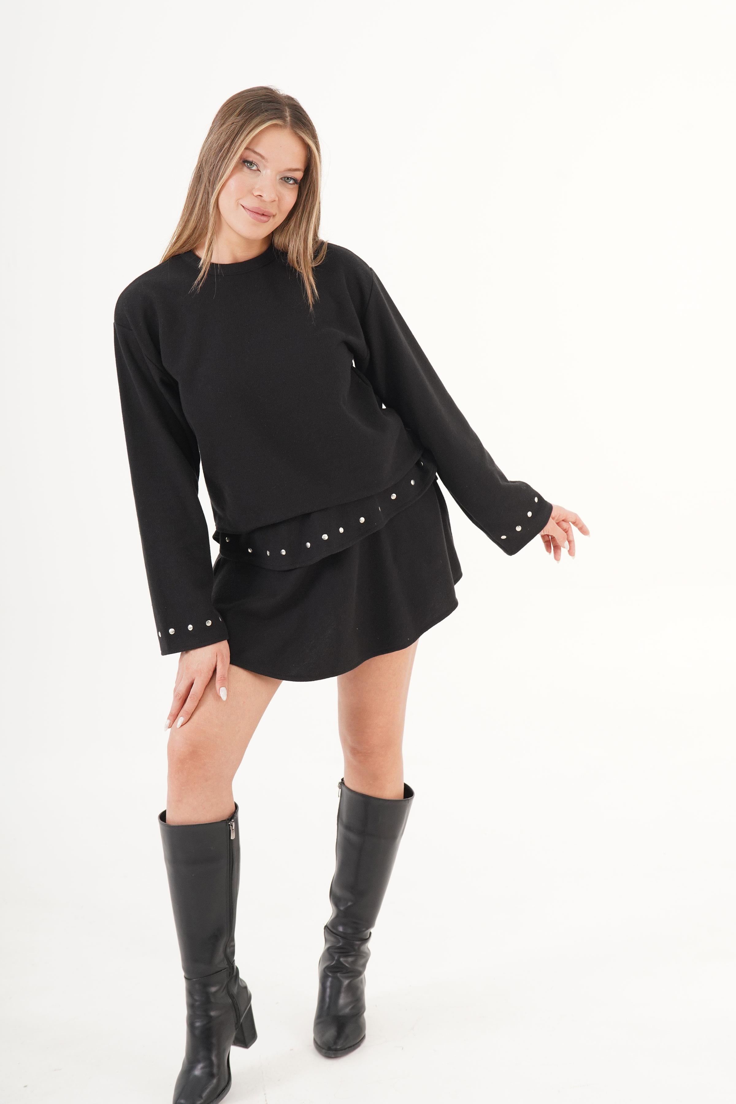 Selanik Kolu Taşlı Toptan Siyah Bluz